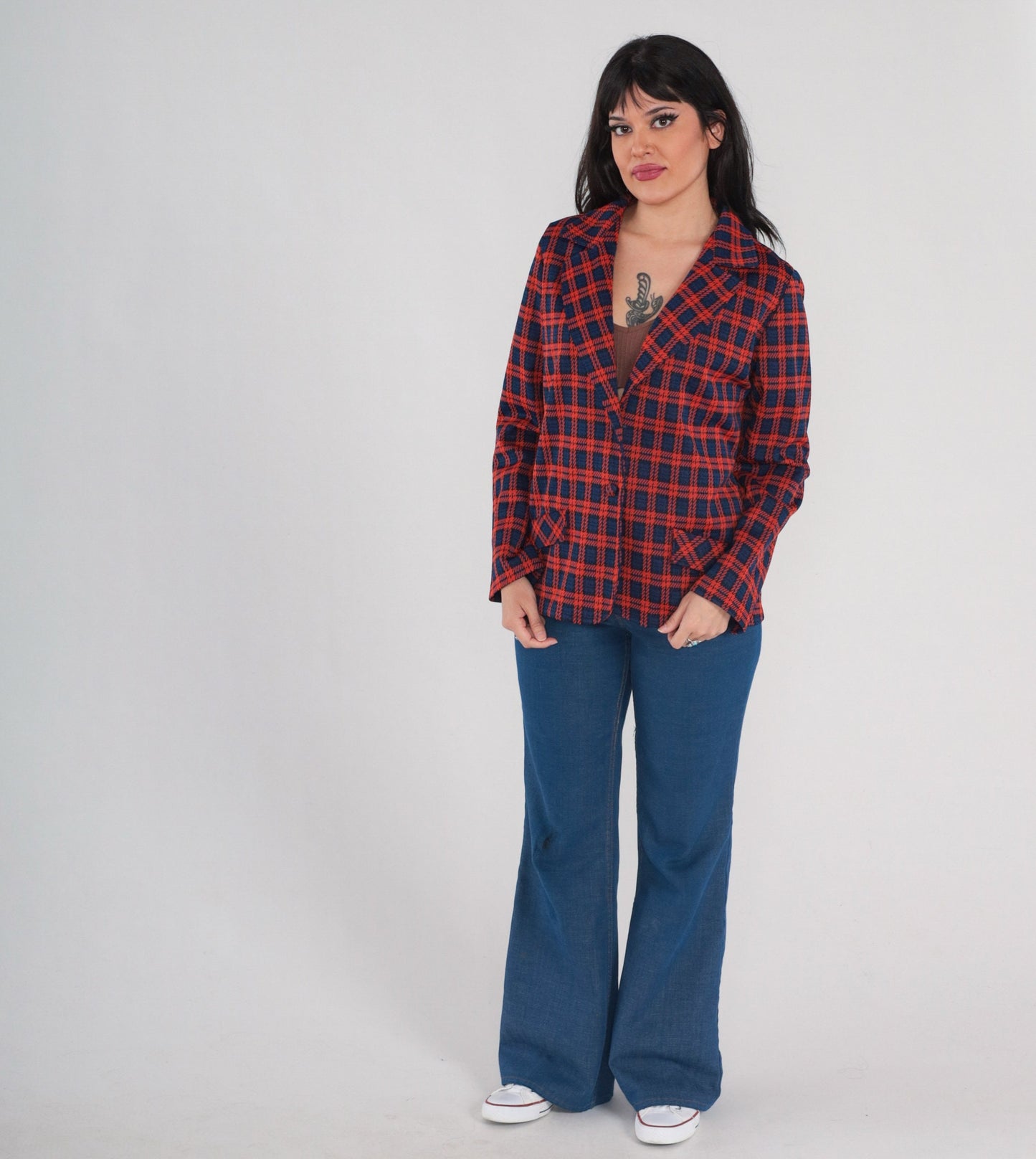 70s Plaid Blazer Red Blue Checkered Notched Collar Button Up Medium