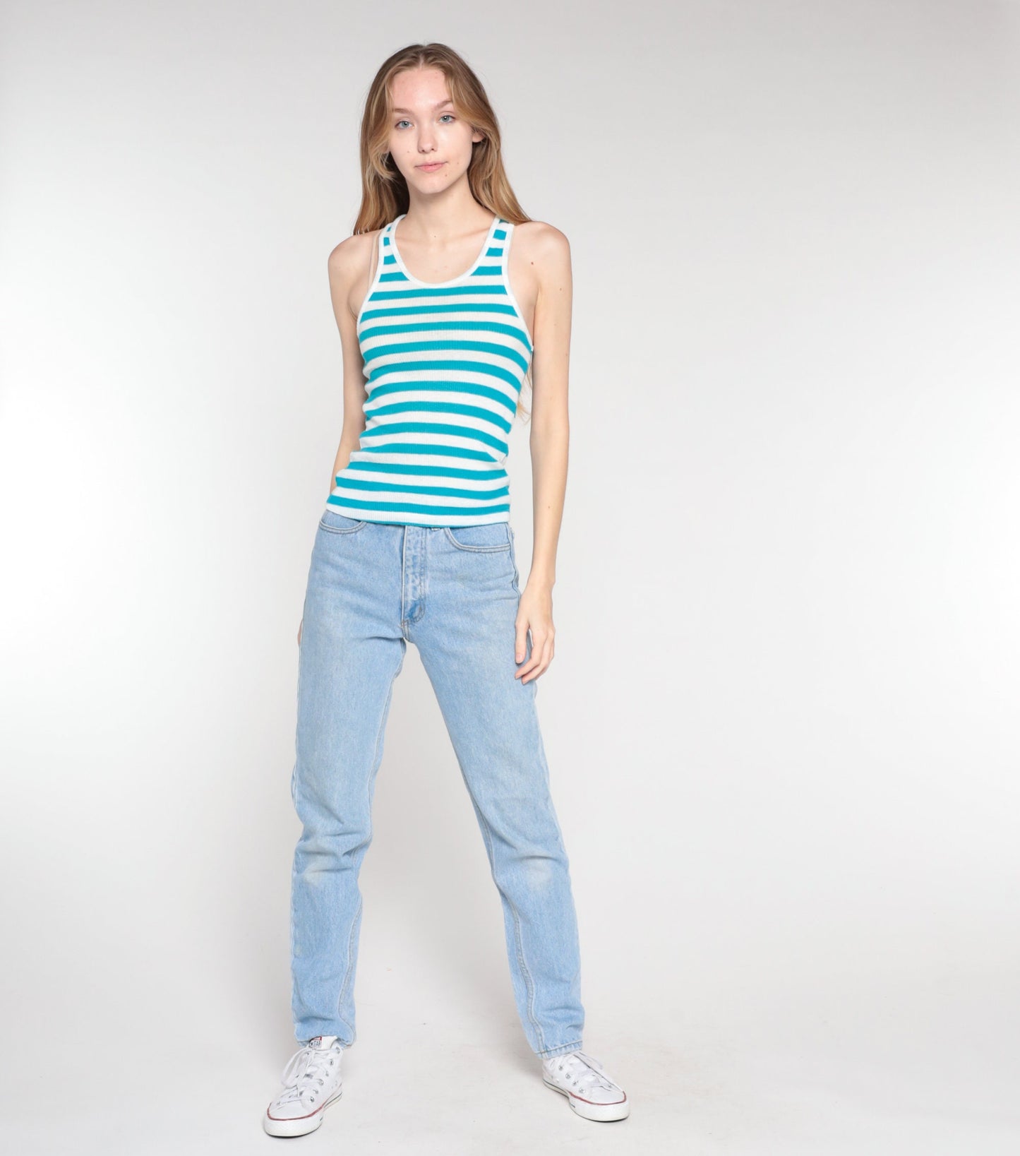 90s Blue White Striped Ribbed Tank Top Racerback XS