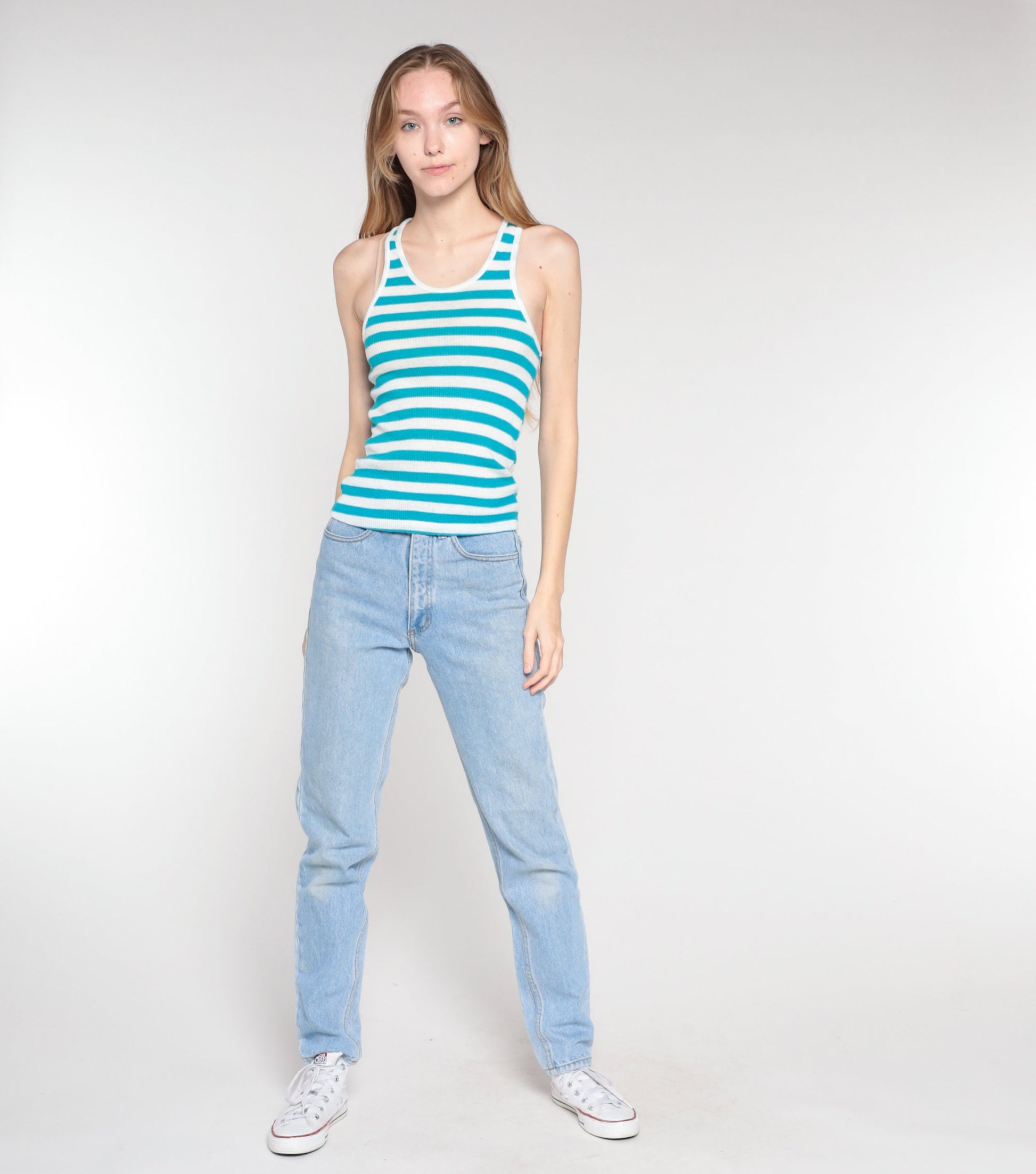 90s Blue White Striped Ribbed Tank Top Racerback XS