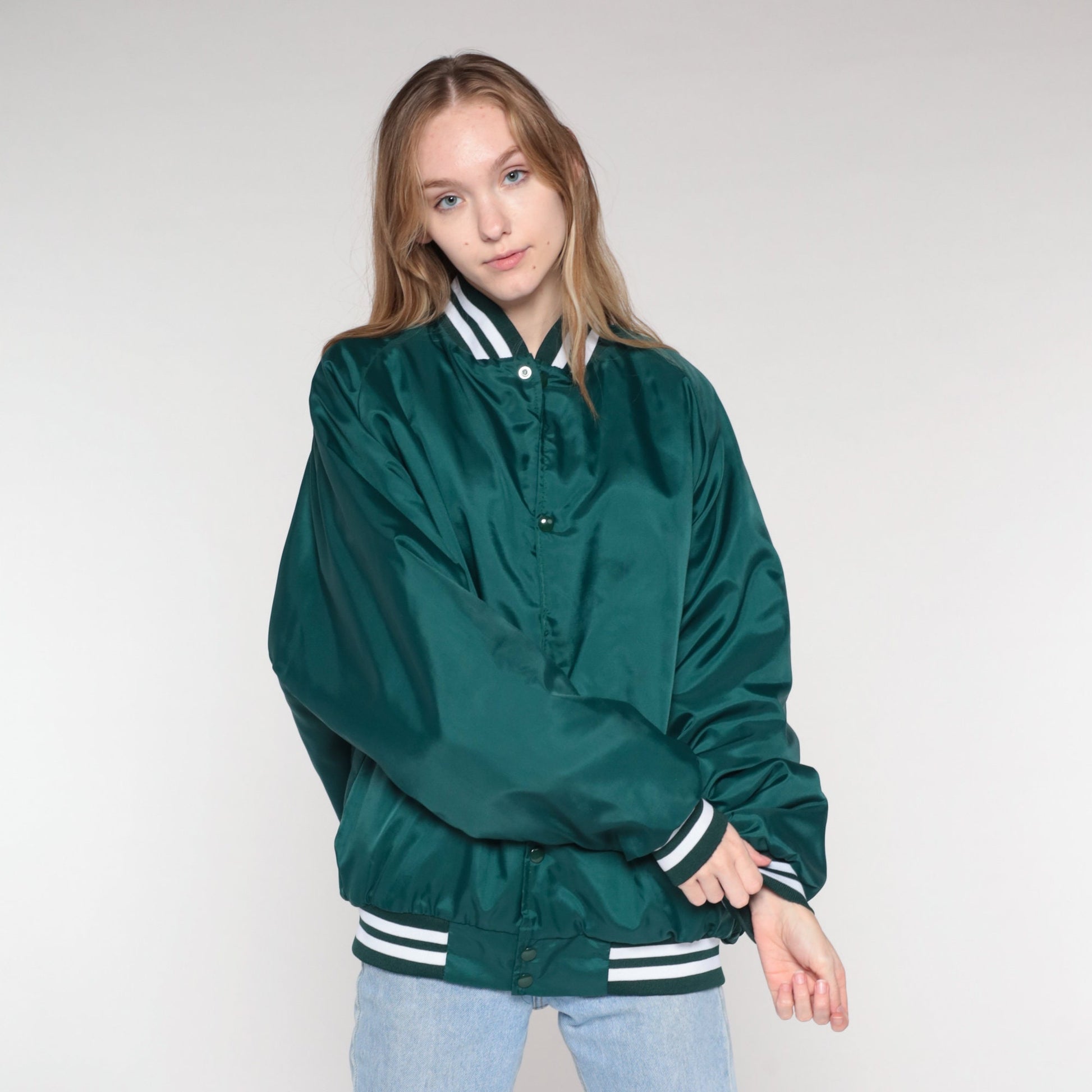 80s Pinelle's Bowlero Lanes Bomber Jacket Green Quilted Snap Coat Extra Large XL
