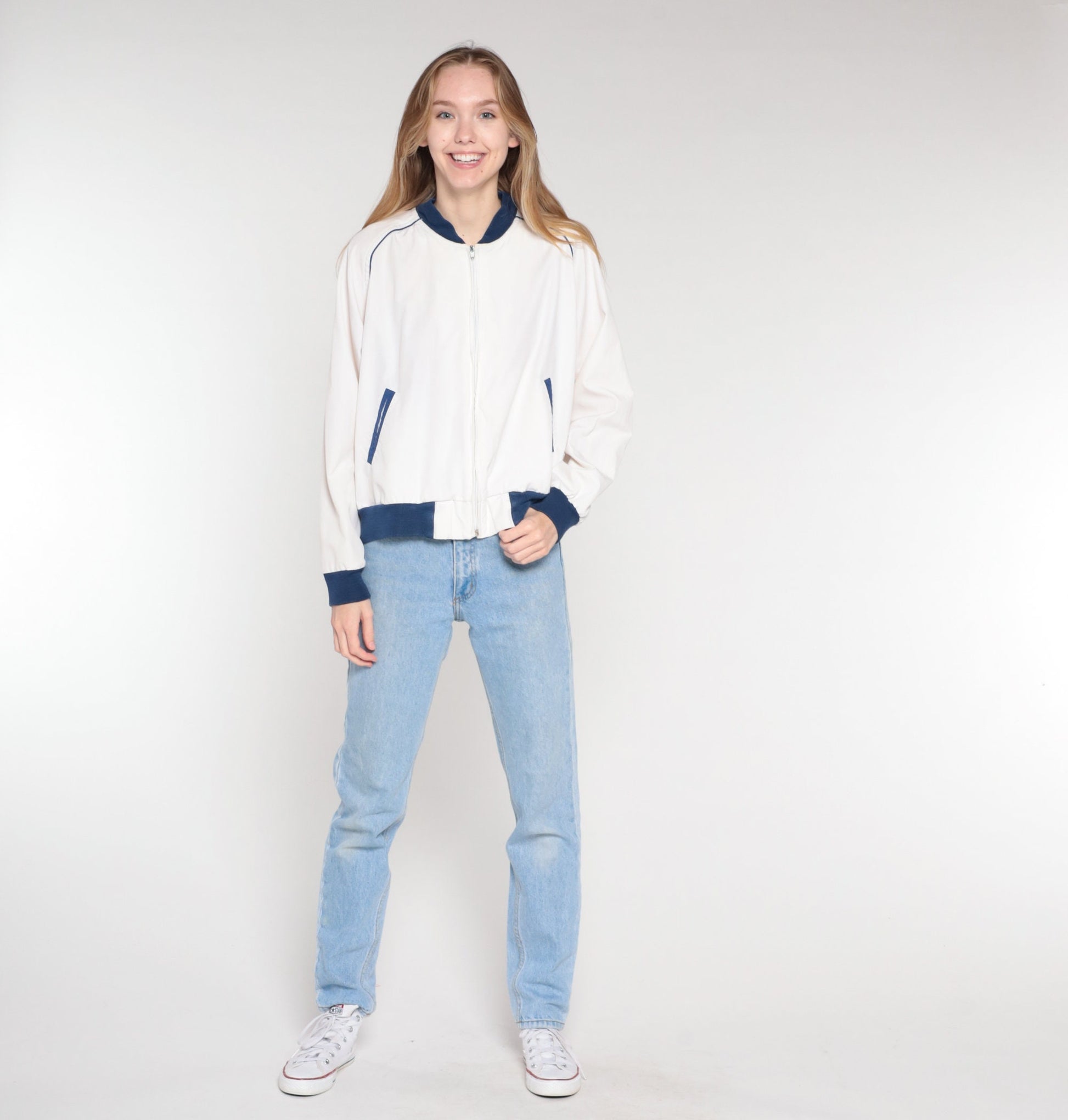 80s White Bomber Jacket Blue Trim Windbreaker Zip Front Large L