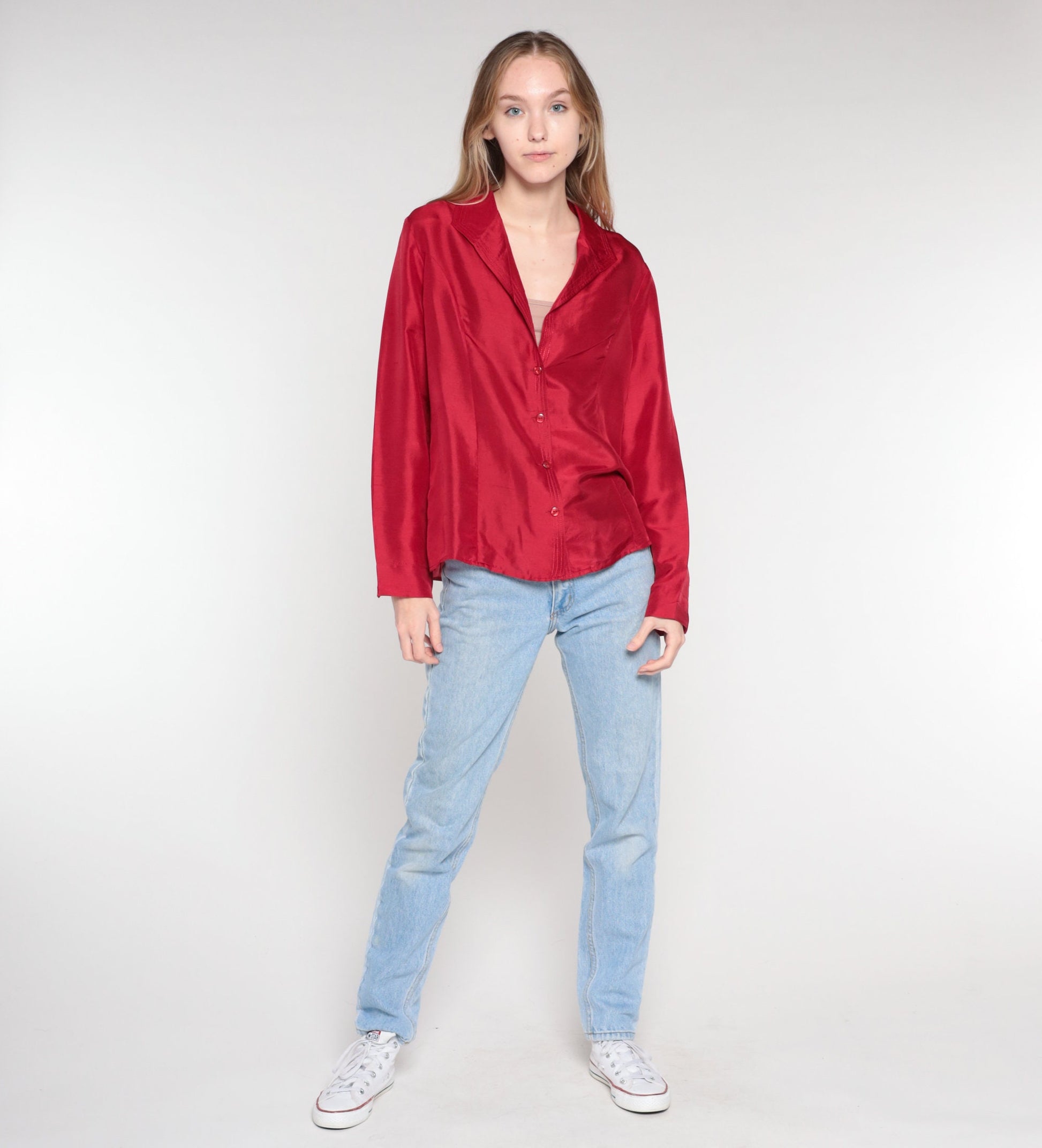 00s Red Silk Button-Up Blouse Long Sleeve Shirt Extra Large XL