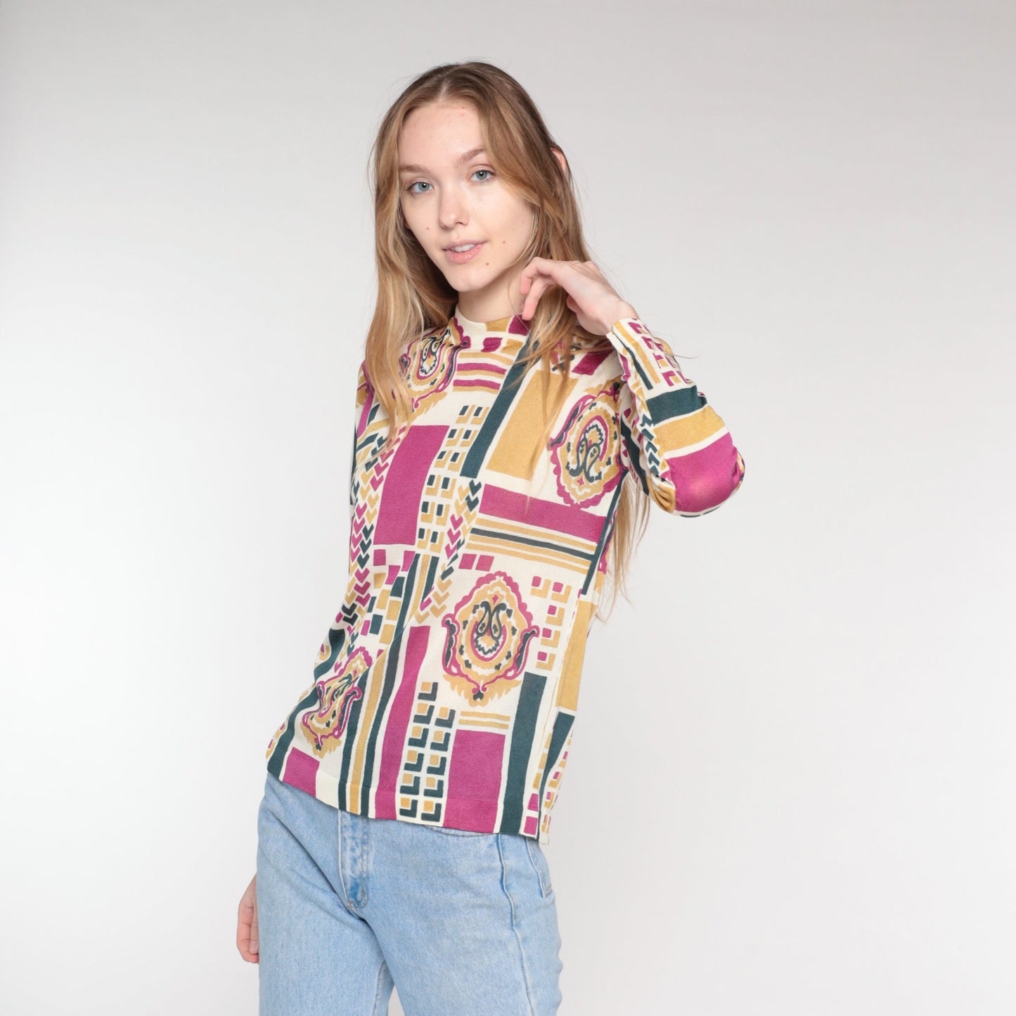 70s Abstract Geometric Paisley Knit Top Mock Neck Long Sleeve Small