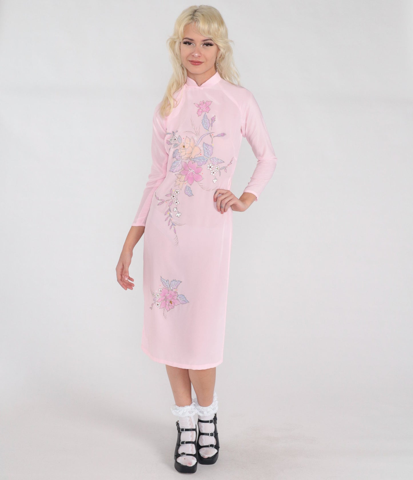 70s Ao Dai Dress Pink Floral Glitter Midi Mandarin Collar High Slit XXS