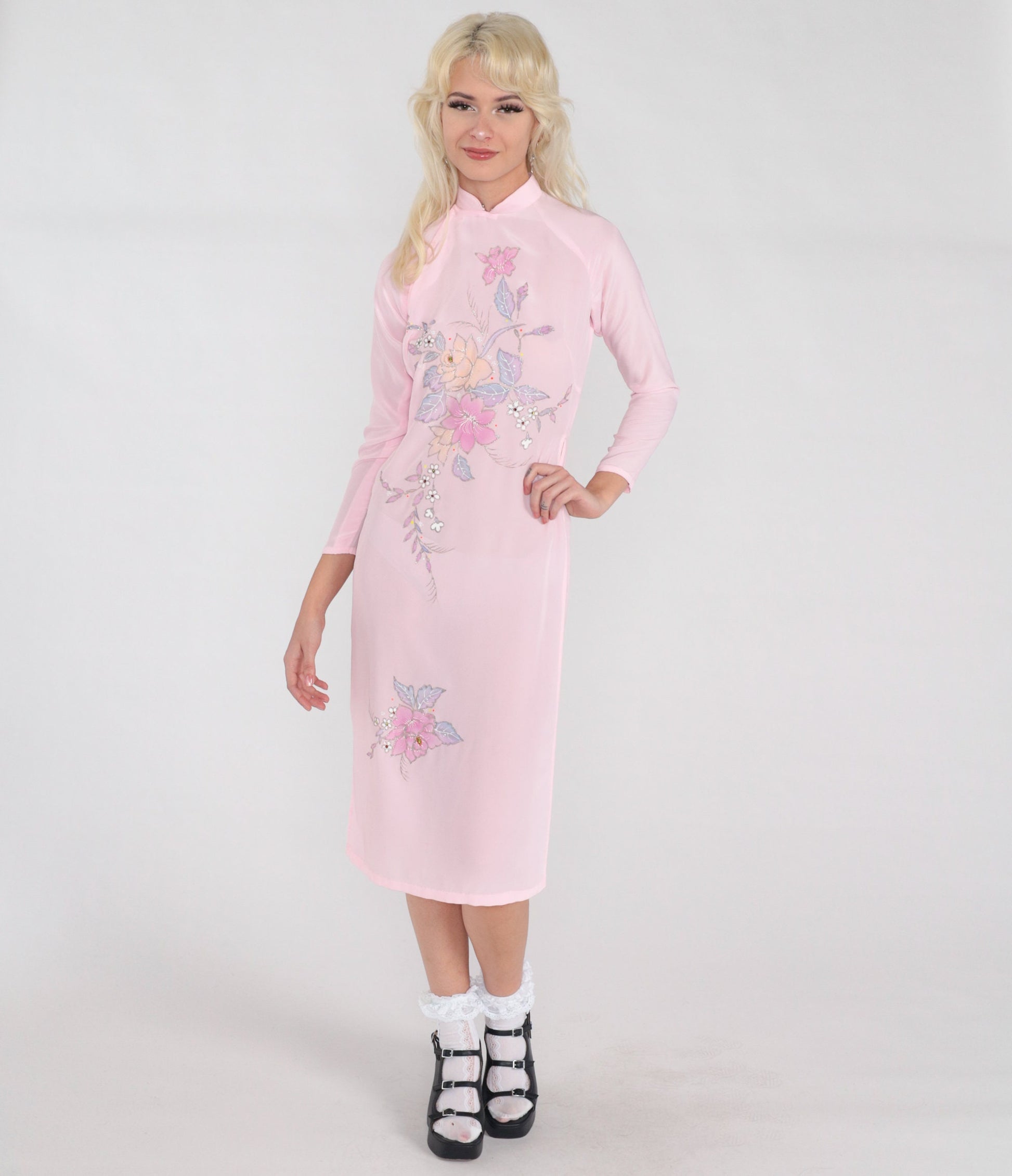70s Ao Dai Dress Pink Floral Glitter Midi Mandarin Collar High Slit XXS