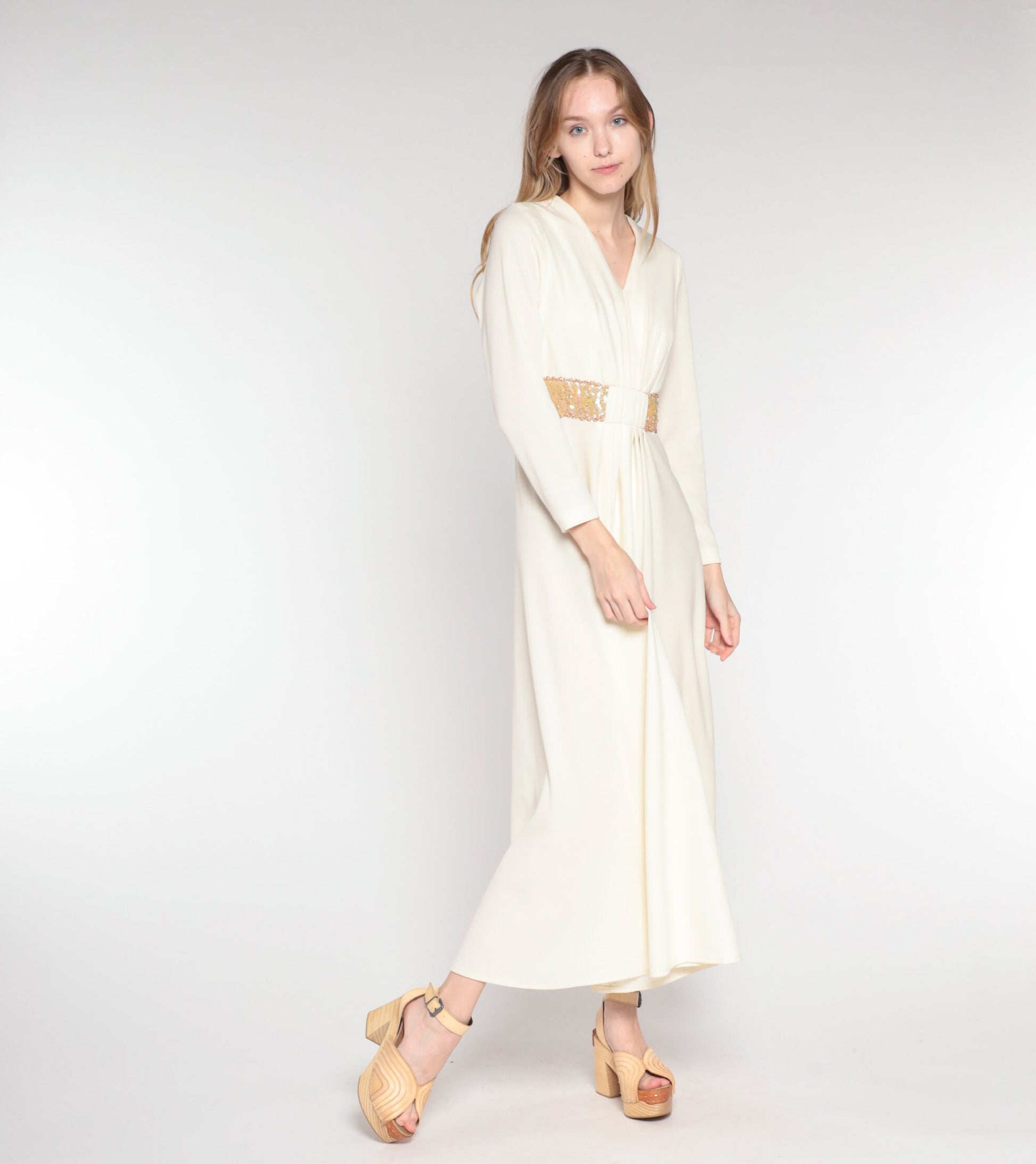 70s Grecian Maxi Dress Cream Sequin V-Neck Long Sleeve Small S
