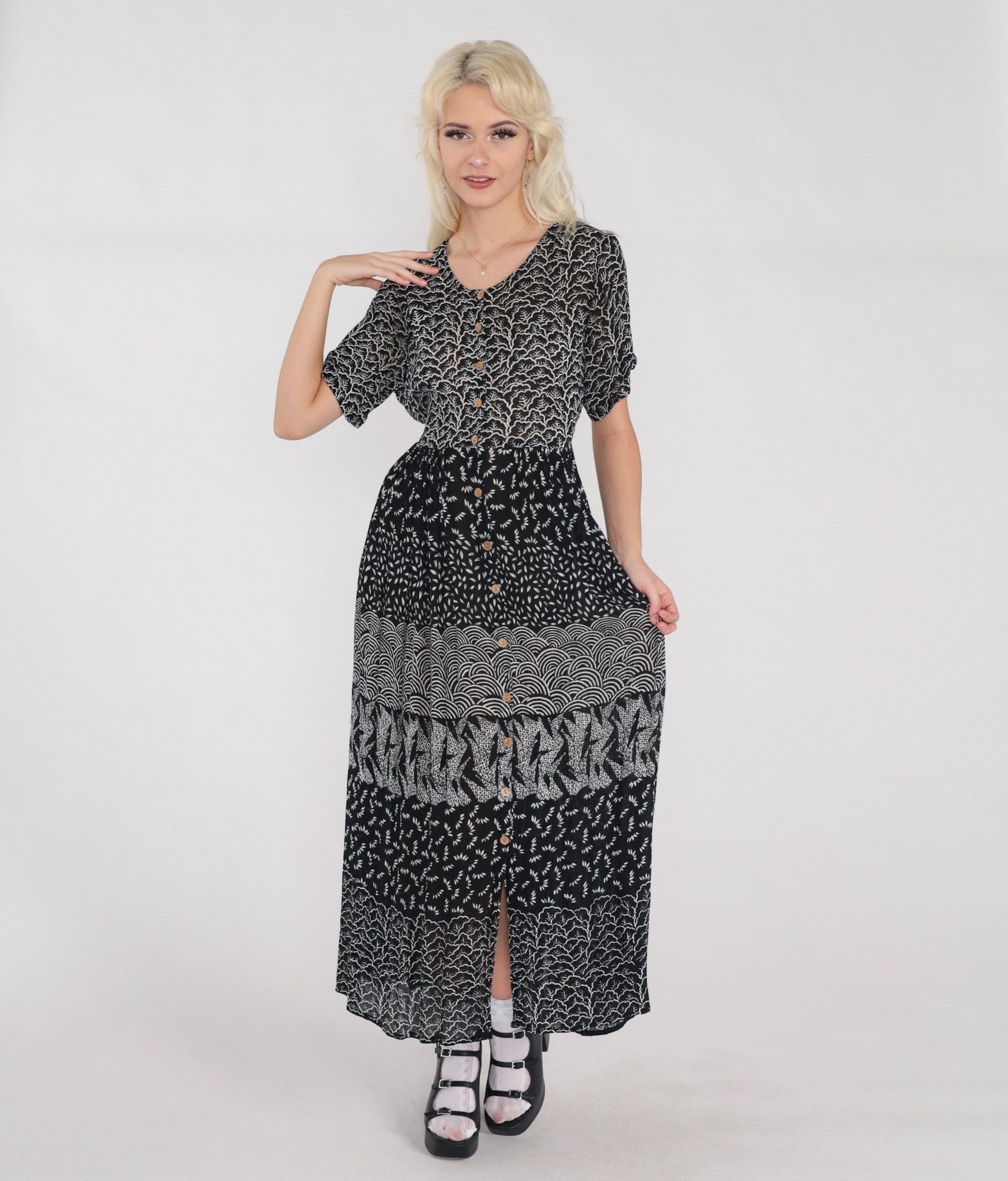 Y2K Black White Abstract Floral Maxi Dress Button Up Short Sleeve Small S
