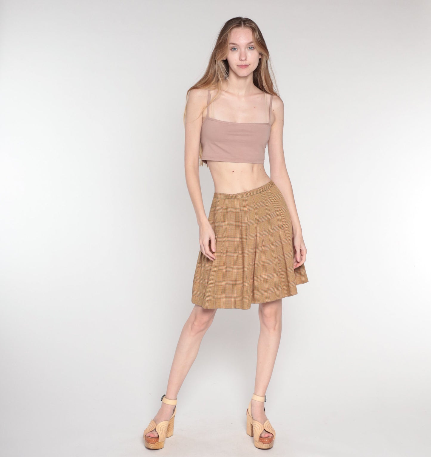 70s Plaid Mini Skirt High Waist Pleated Tan Orange Green Tartan Extra Small