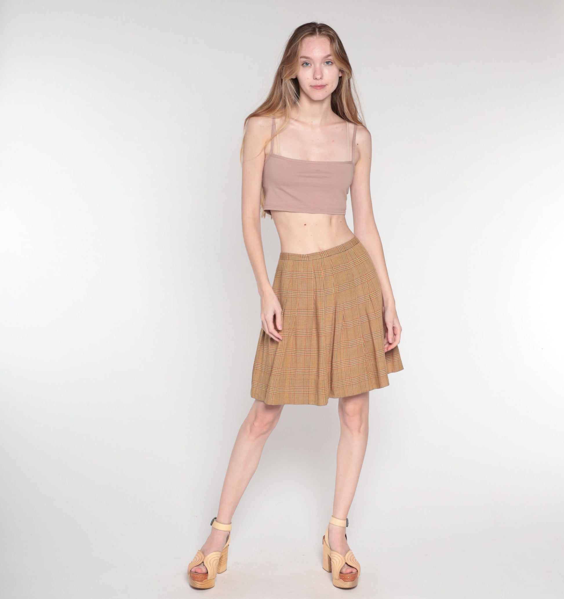 70s Plaid Mini Skirt High Waist Pleated Tan Orange Green Tartan Extra Small