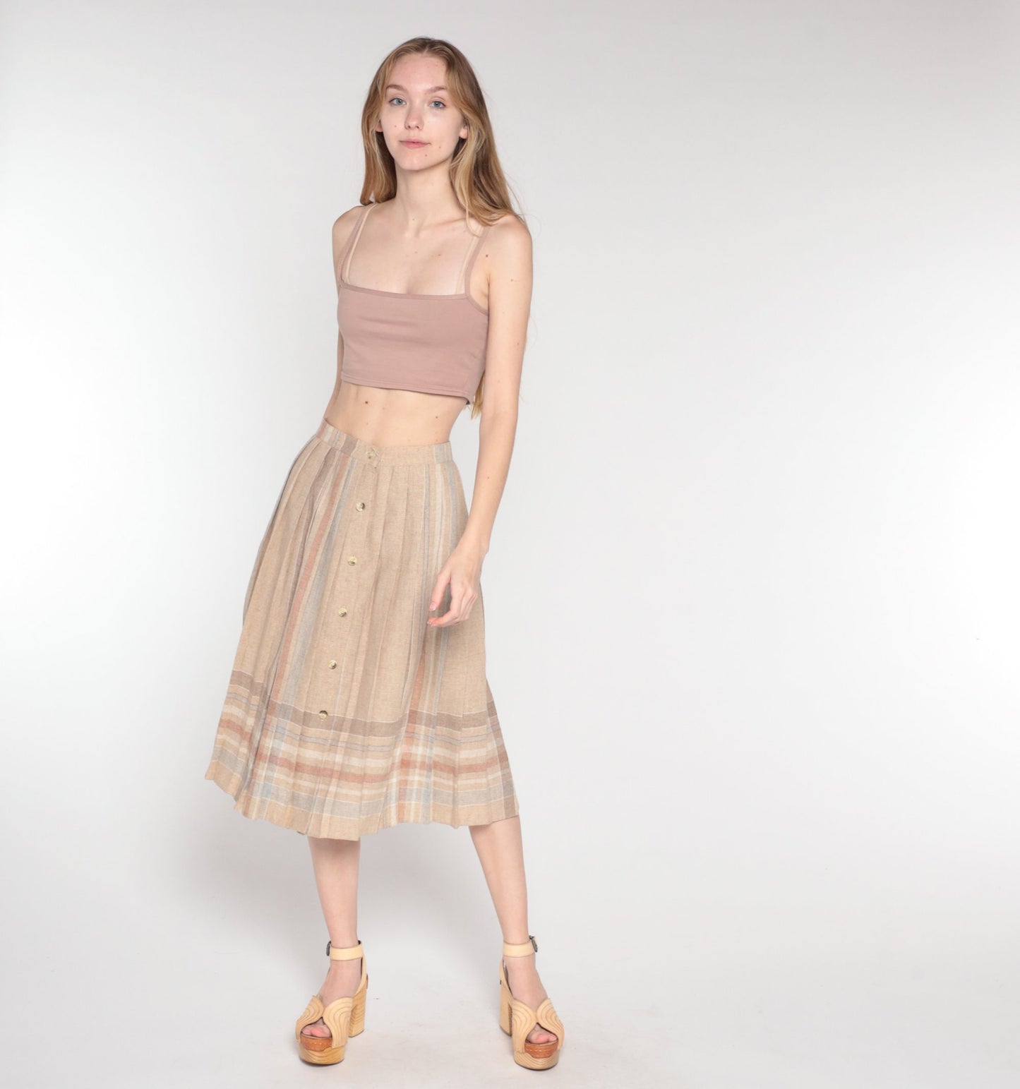 80s Tan Striped Pleated Midi Skirt High Waist Button Front Extra Small