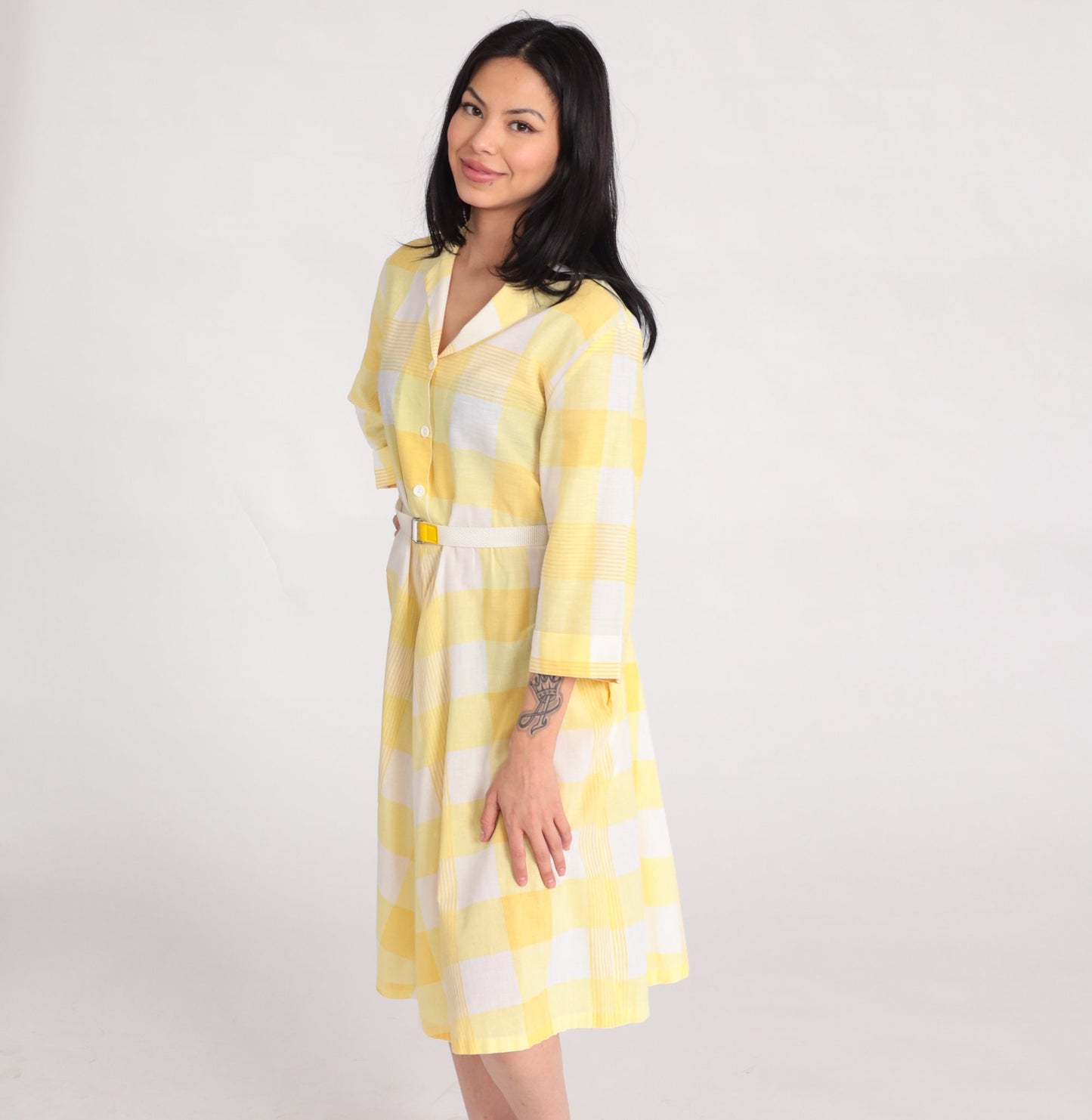 80s Blair Yellow Plaid Midi Shirtdress High Waist Button Up Medium