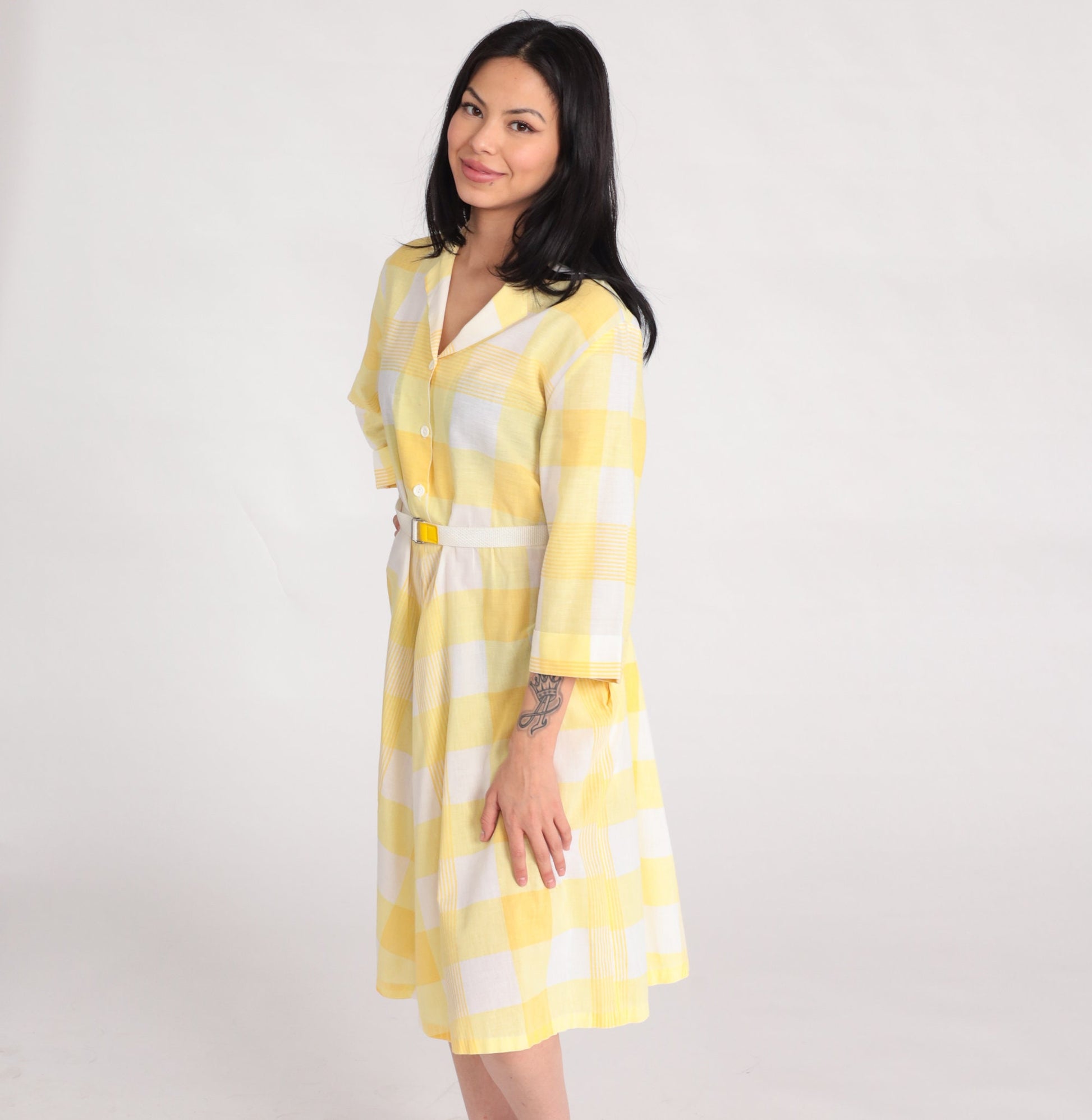 80s Blair Yellow Plaid Midi Shirtdress High Waist Button Up Medium