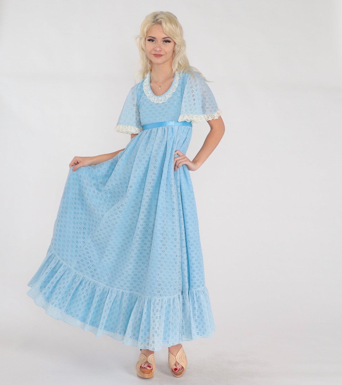 70s Blue Eyelet Maxi Dress Empire Waist Flutter Sleeve Lace Trim Ankle Length Extra Small XS