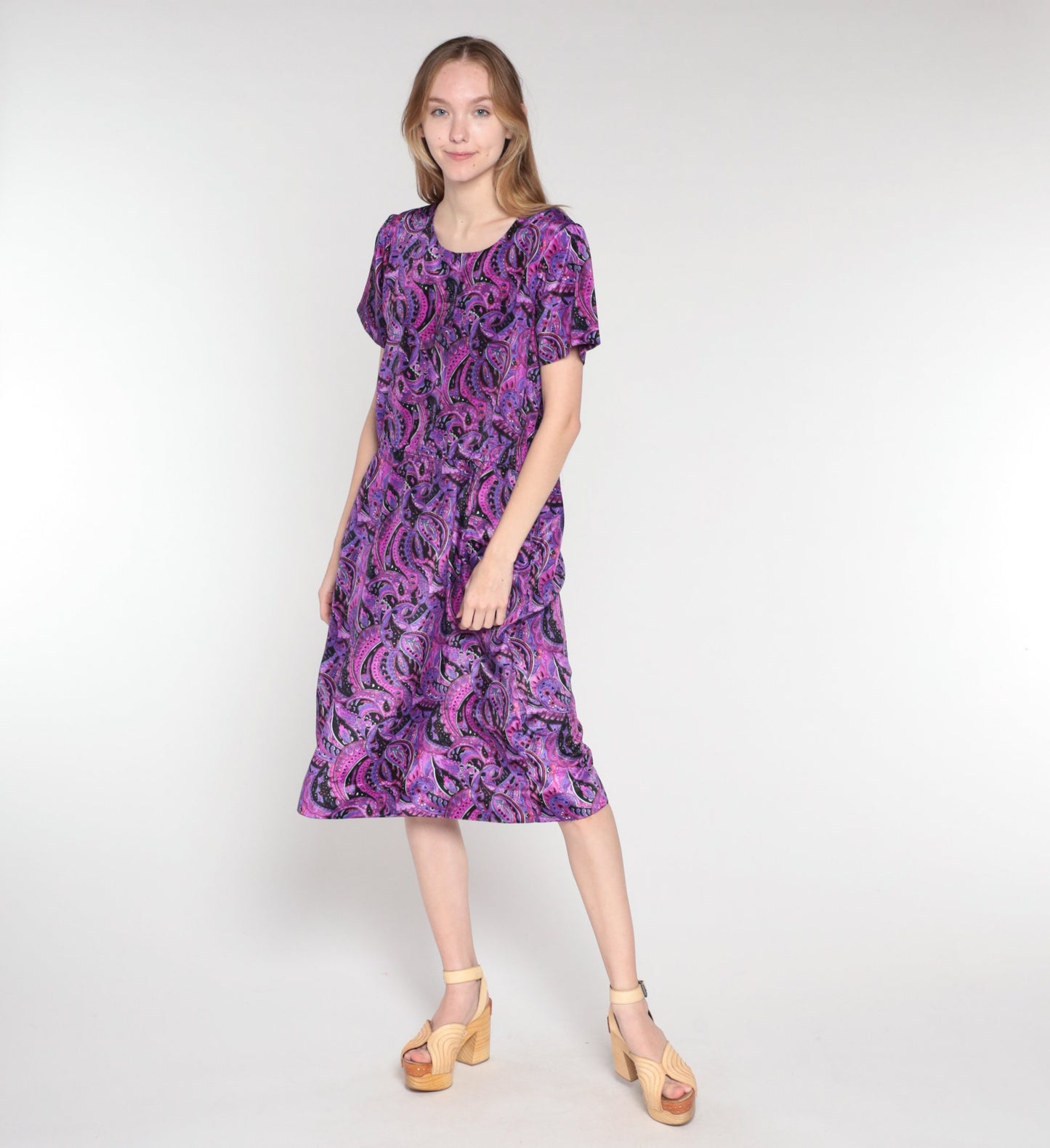 60s Paisley Shirtwaist Midi Dress Purple Pink Black Button-Up Medium Large