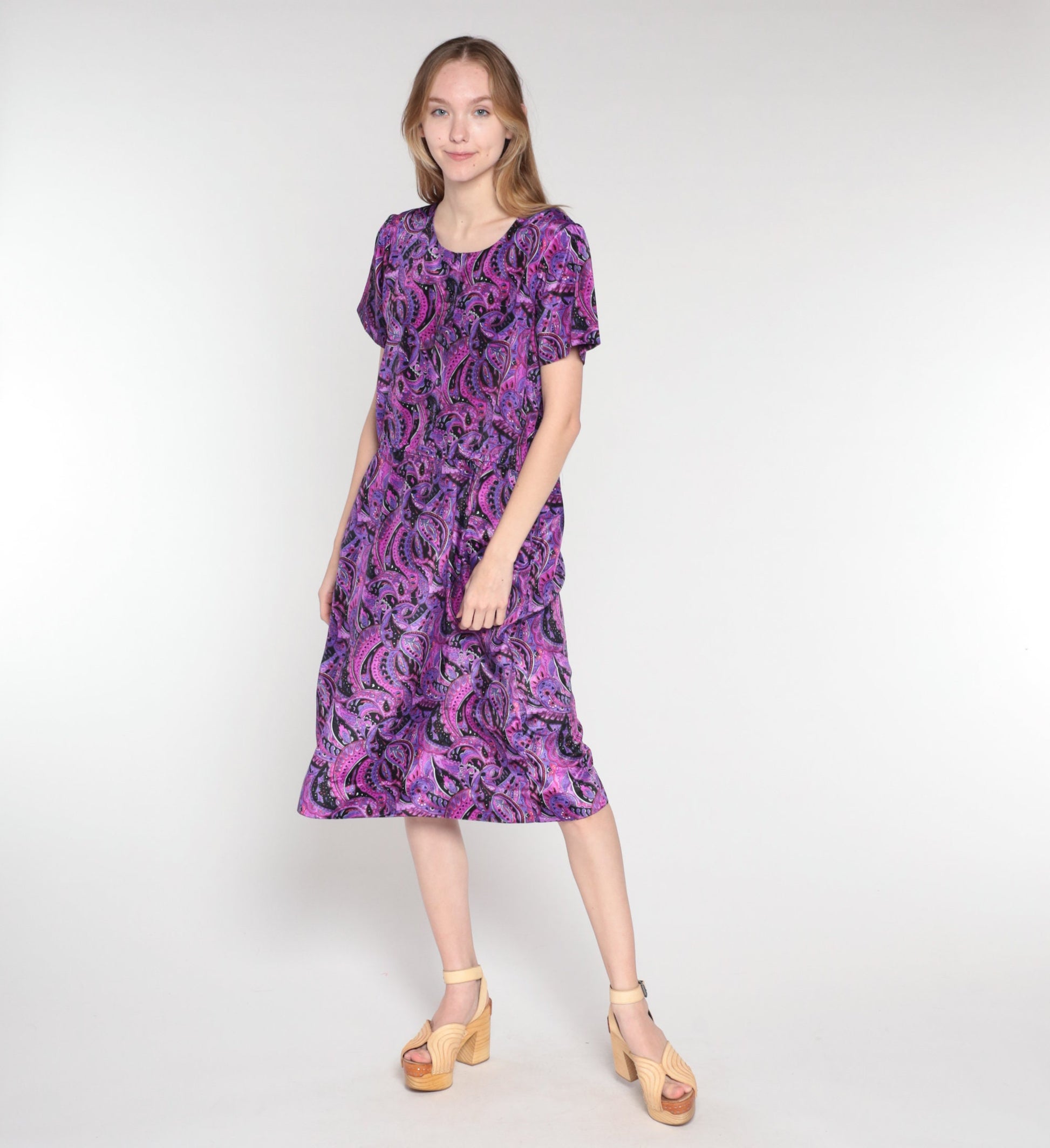 60s Paisley Shirtwaist Midi Dress Purple Pink Black Button-Up Medium Large