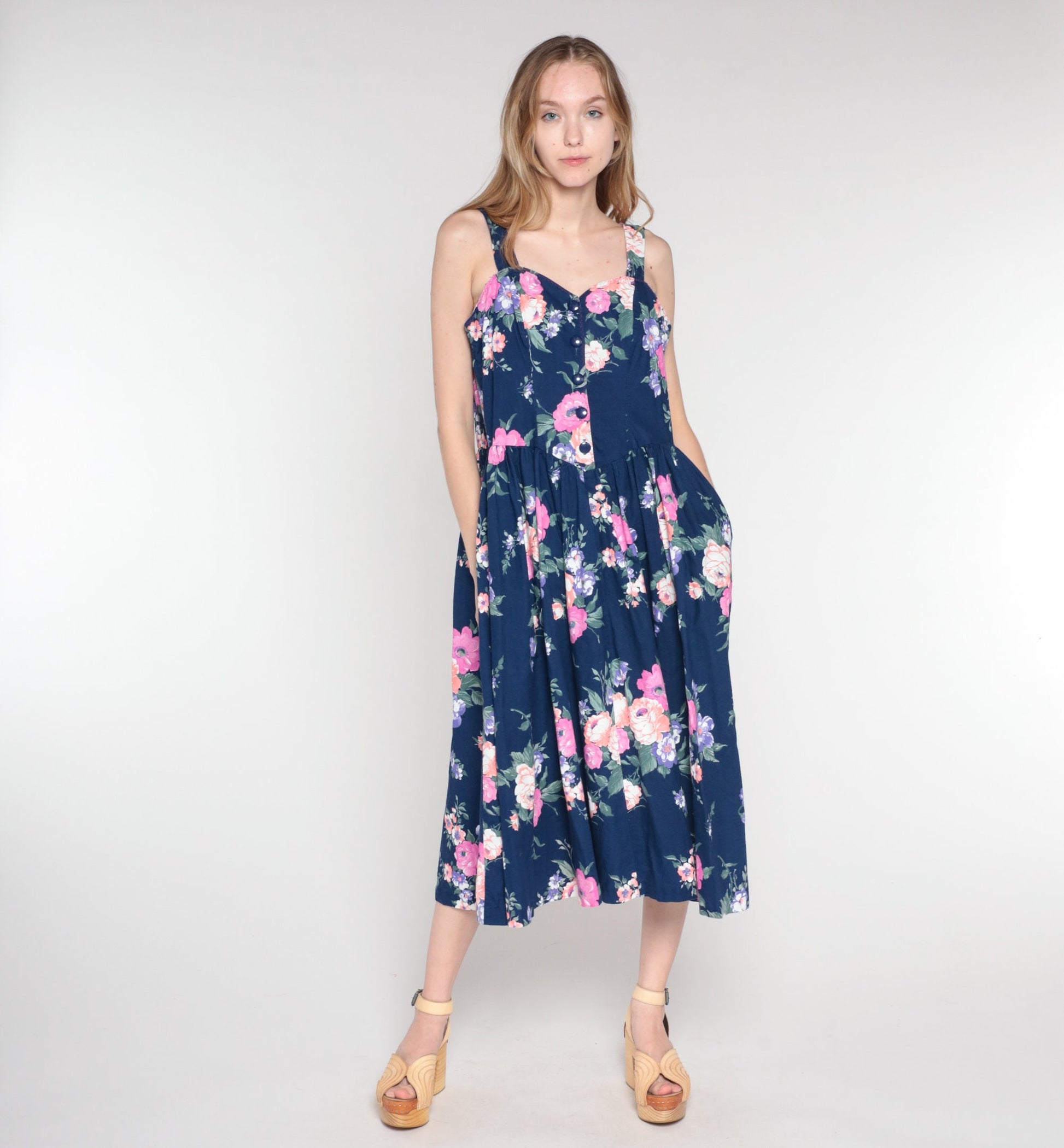 80s Navy Floral Midi Dress Sweetheart Neckline Button Front Sleeveless Medium M