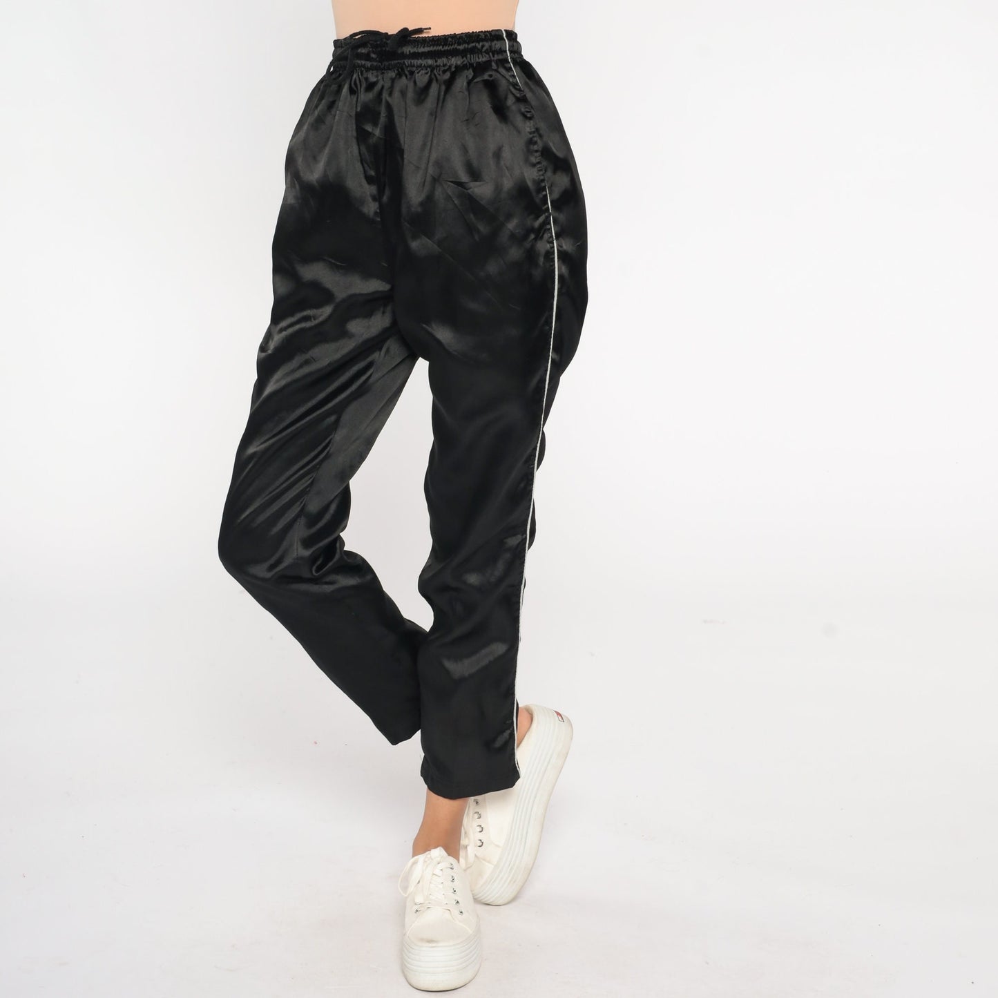 90s Black Track Pants White Stripe Shiny Joggers Small S