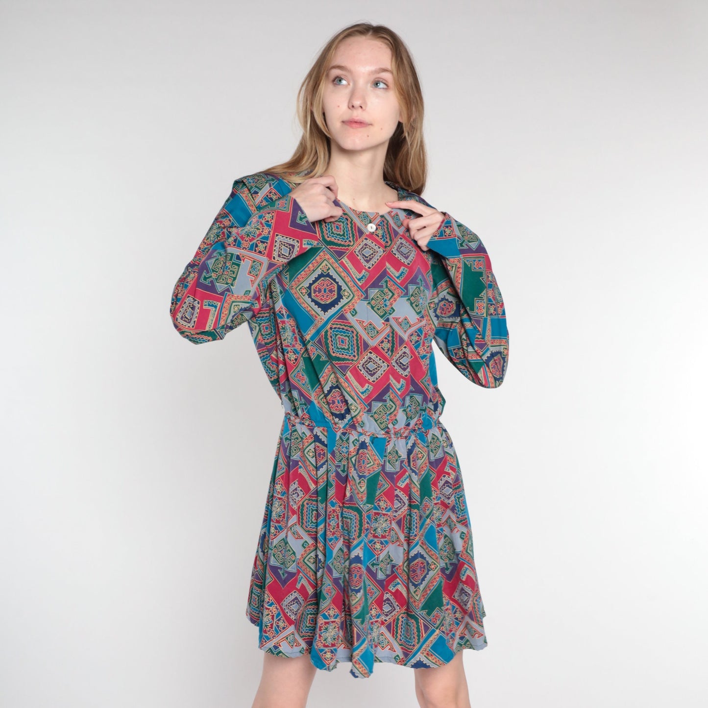 80s Leslie Fay Geometric Mini Dress Colorful Tile Print Long Sleeve Medium
