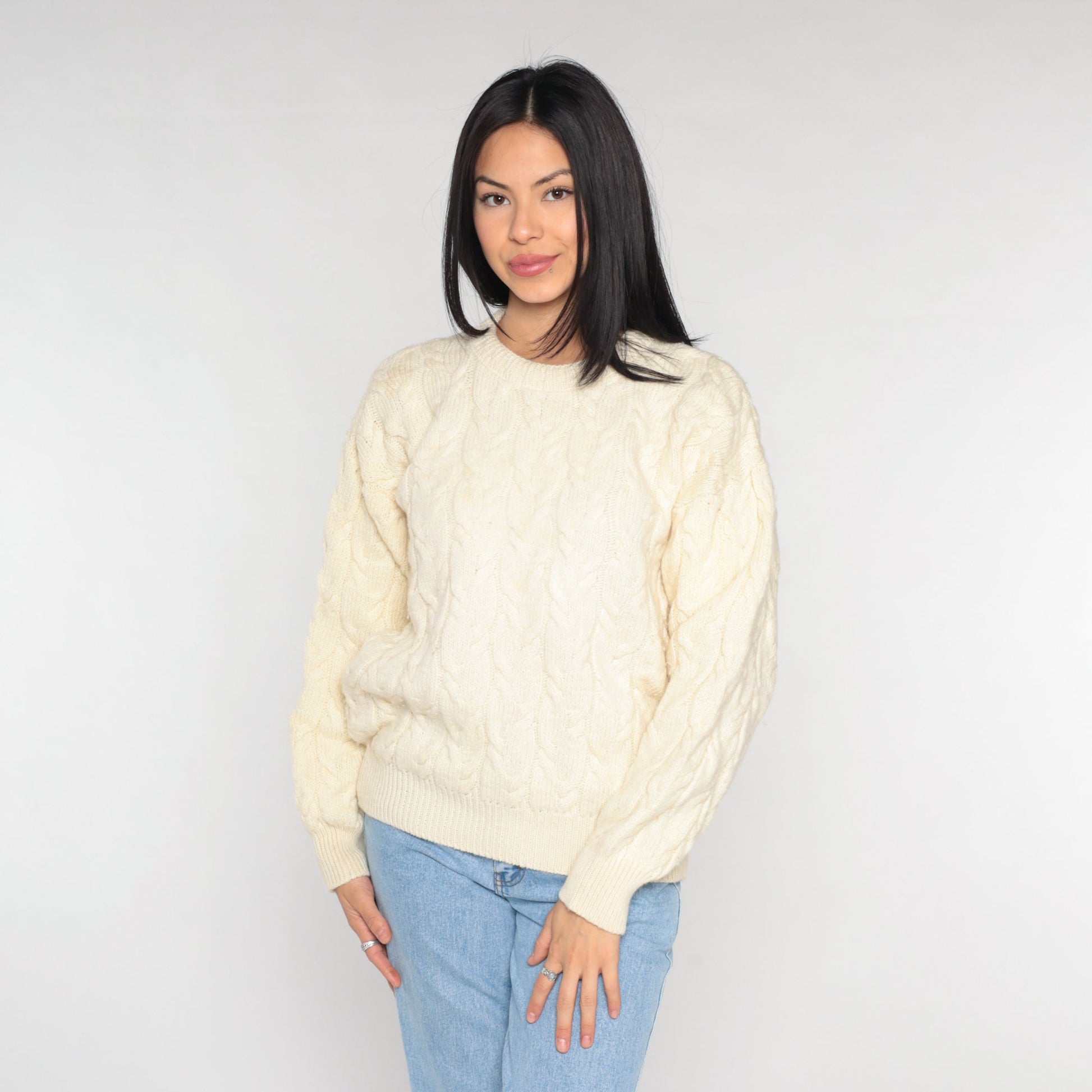 80s Australian Merino Wool Cable Knit Sweater Cream Crewneck Small