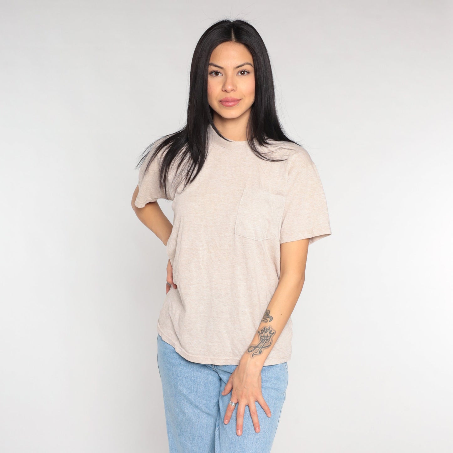 90s Fruit of the Loom Pocket Tee Heather Beige T-Shirt Medium M