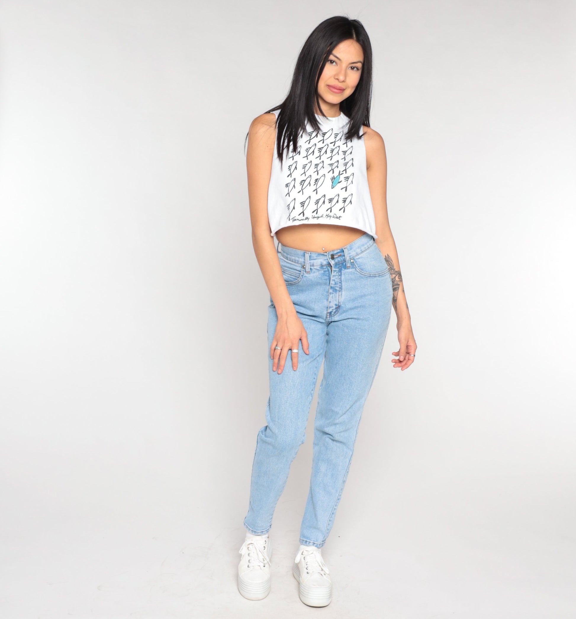 90s Key West Crop Tank Top White Fish Graphic Terminally Unique Small