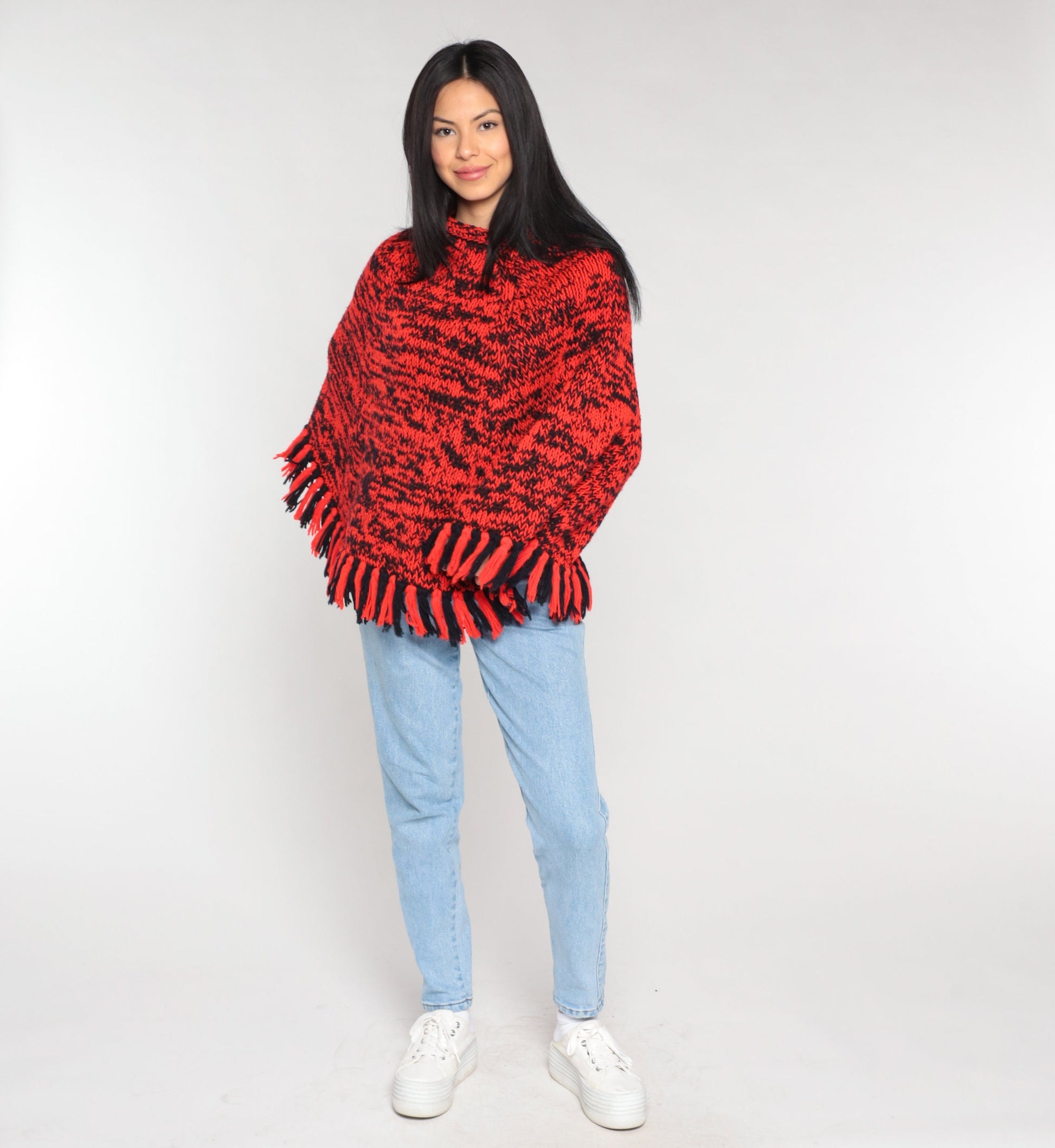 70s Red Black Space Dye Knit Poncho Fringe Shawl Cape