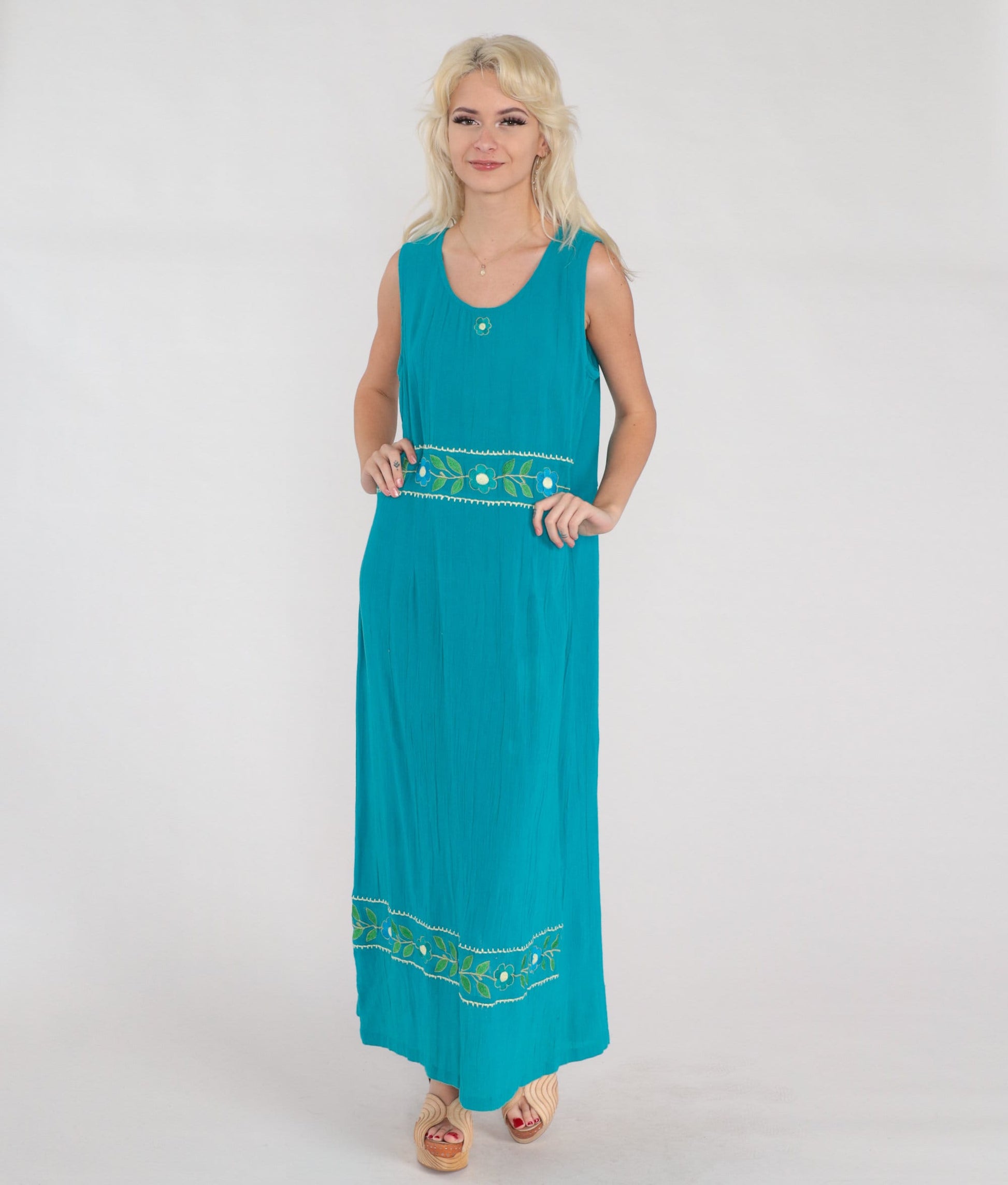 Y2K Turquoise Floral Embroidered Cotton Maxi Dress Sleeveless Large L