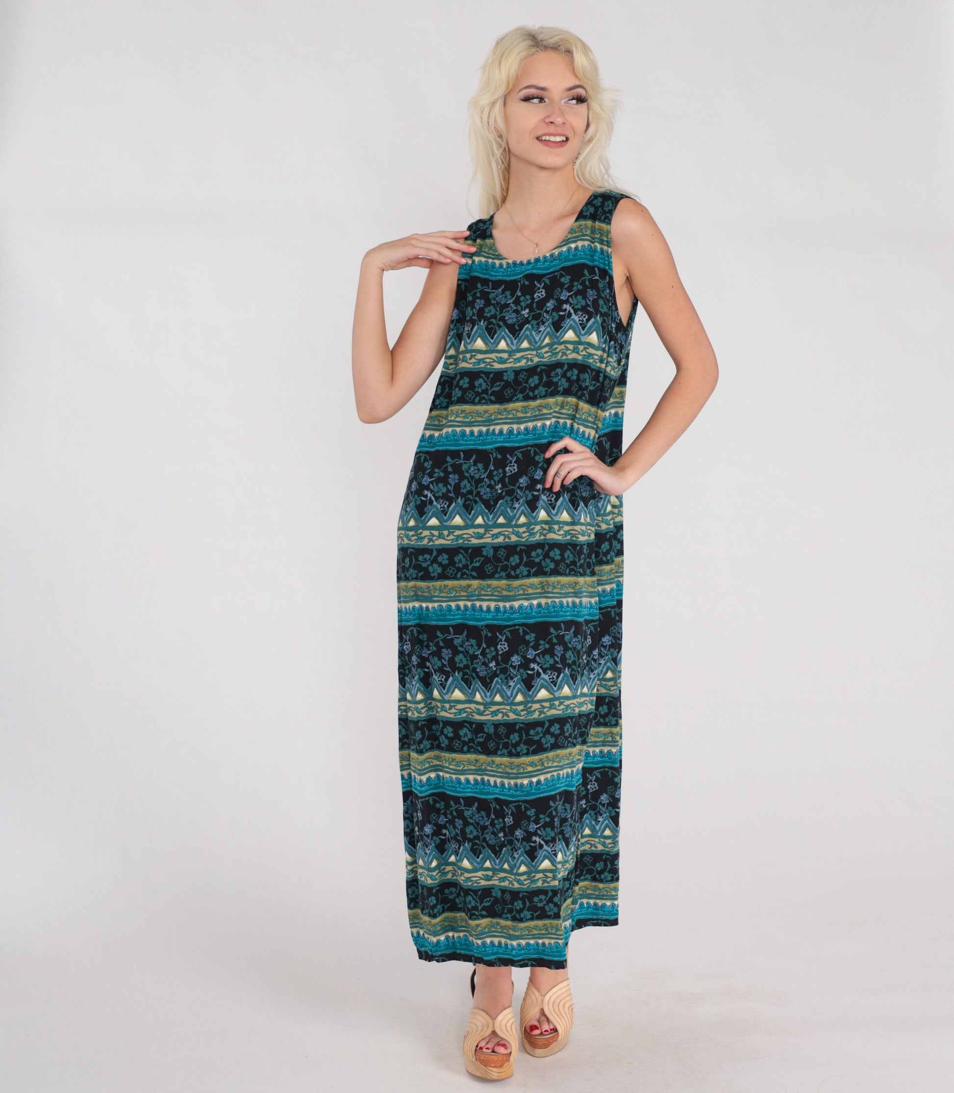 Y2K Striped Floral Maxi Dress Sleeveless Shift Black Blue Side Slit Large L