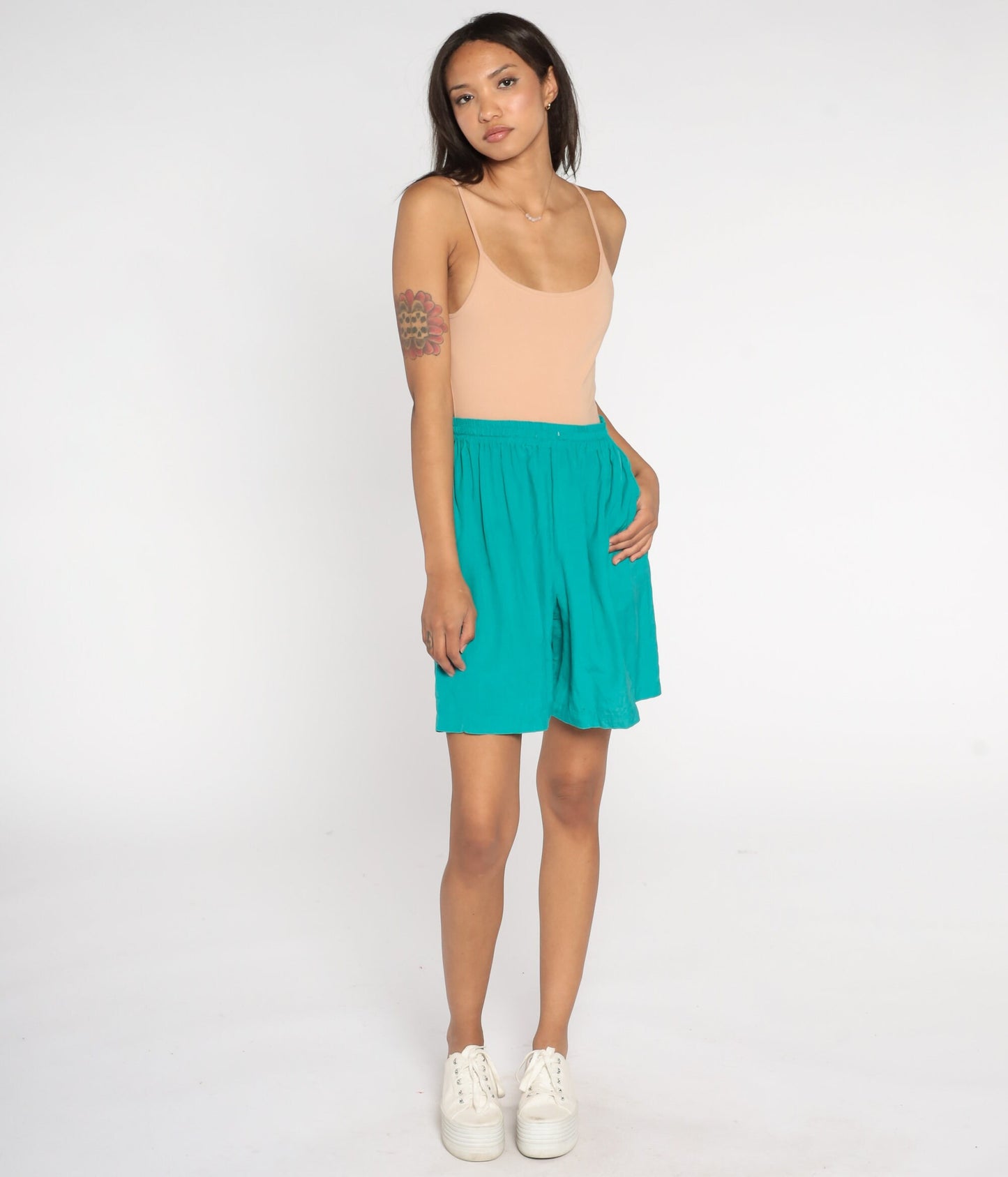 90s Clio Green Silk Shorts High Waist Baggy Pockets Medium M