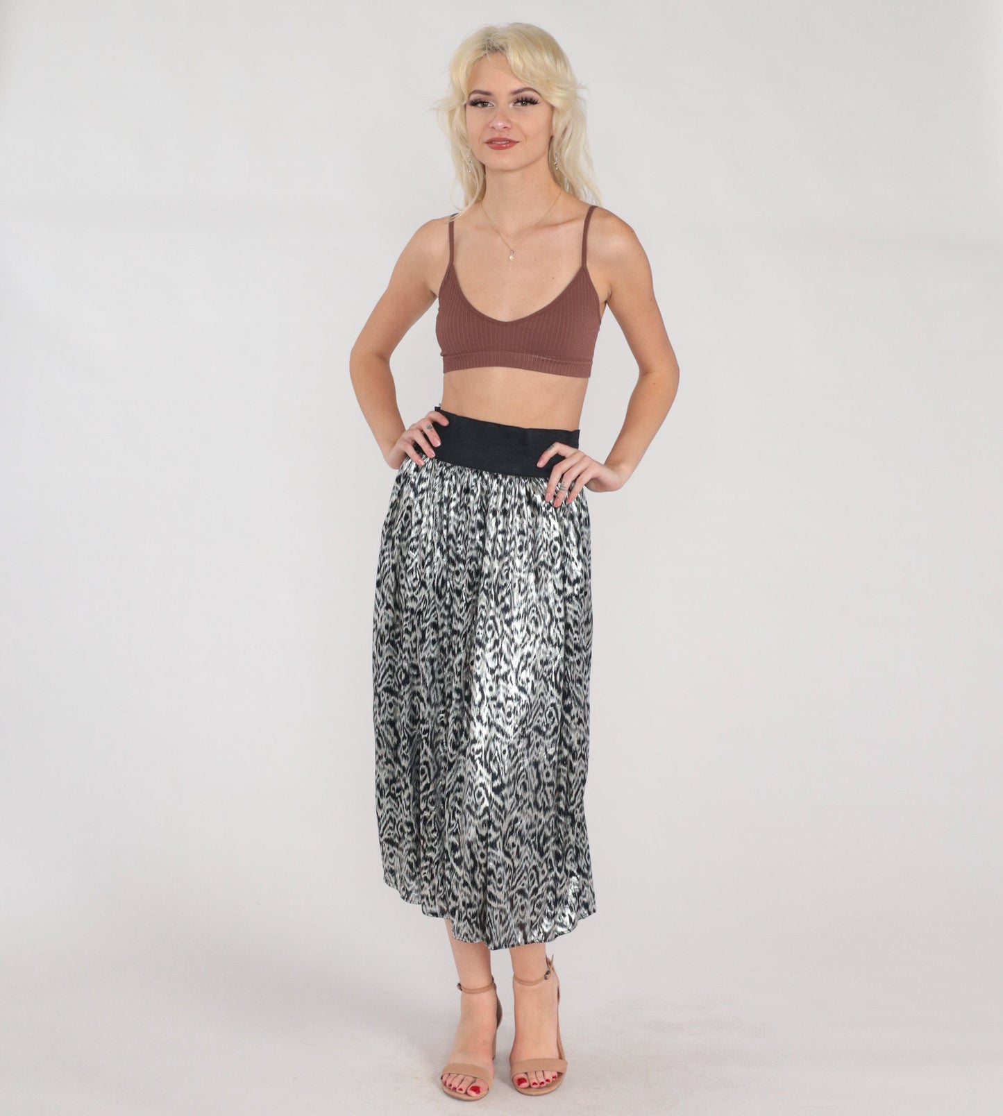 80s Metallic Abstract Midi Skirt Silver Black High Waist Elastic Extra Small