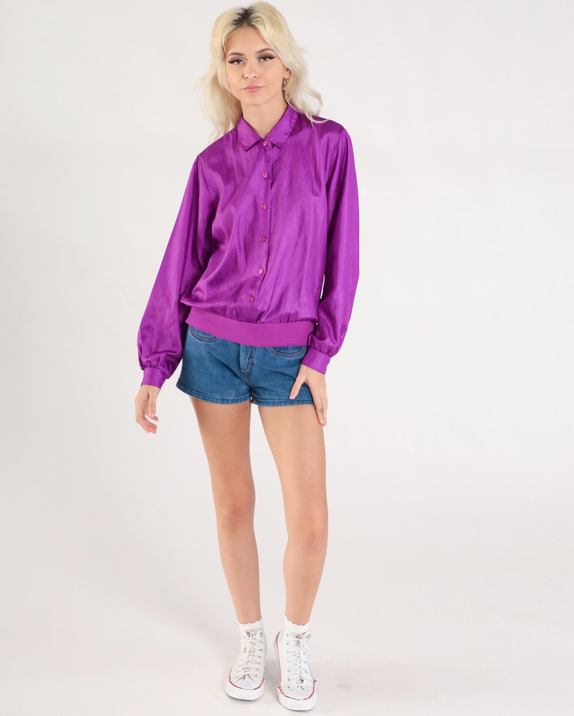 90s Purple Polyester Button-Up Shirt Banded Hem Long Sleeve Medium