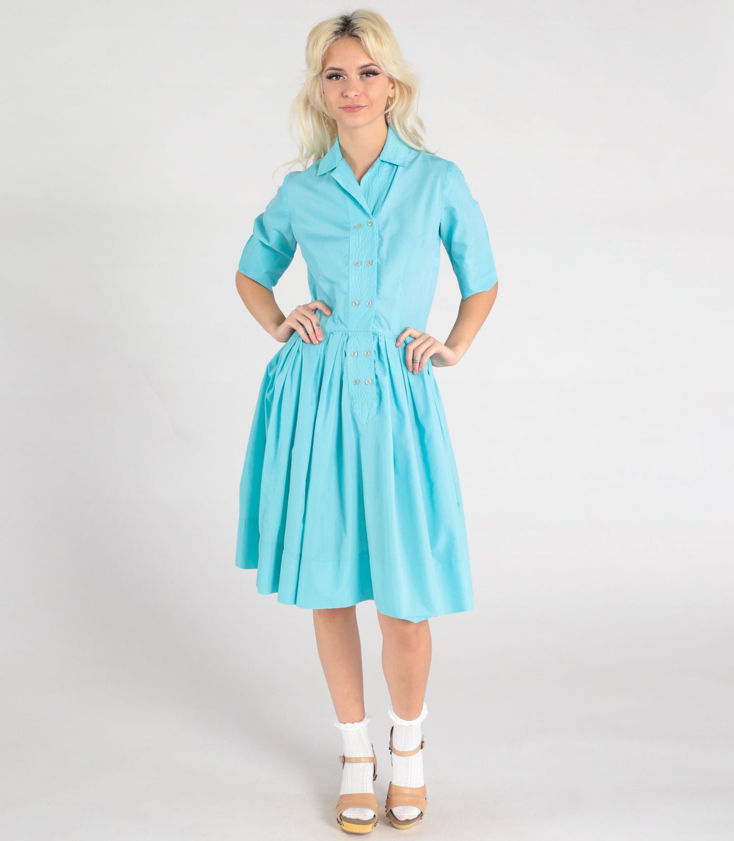 60s Robin's Egg Blue Cotton Midi Shirtdress Button-Up Pleated Small