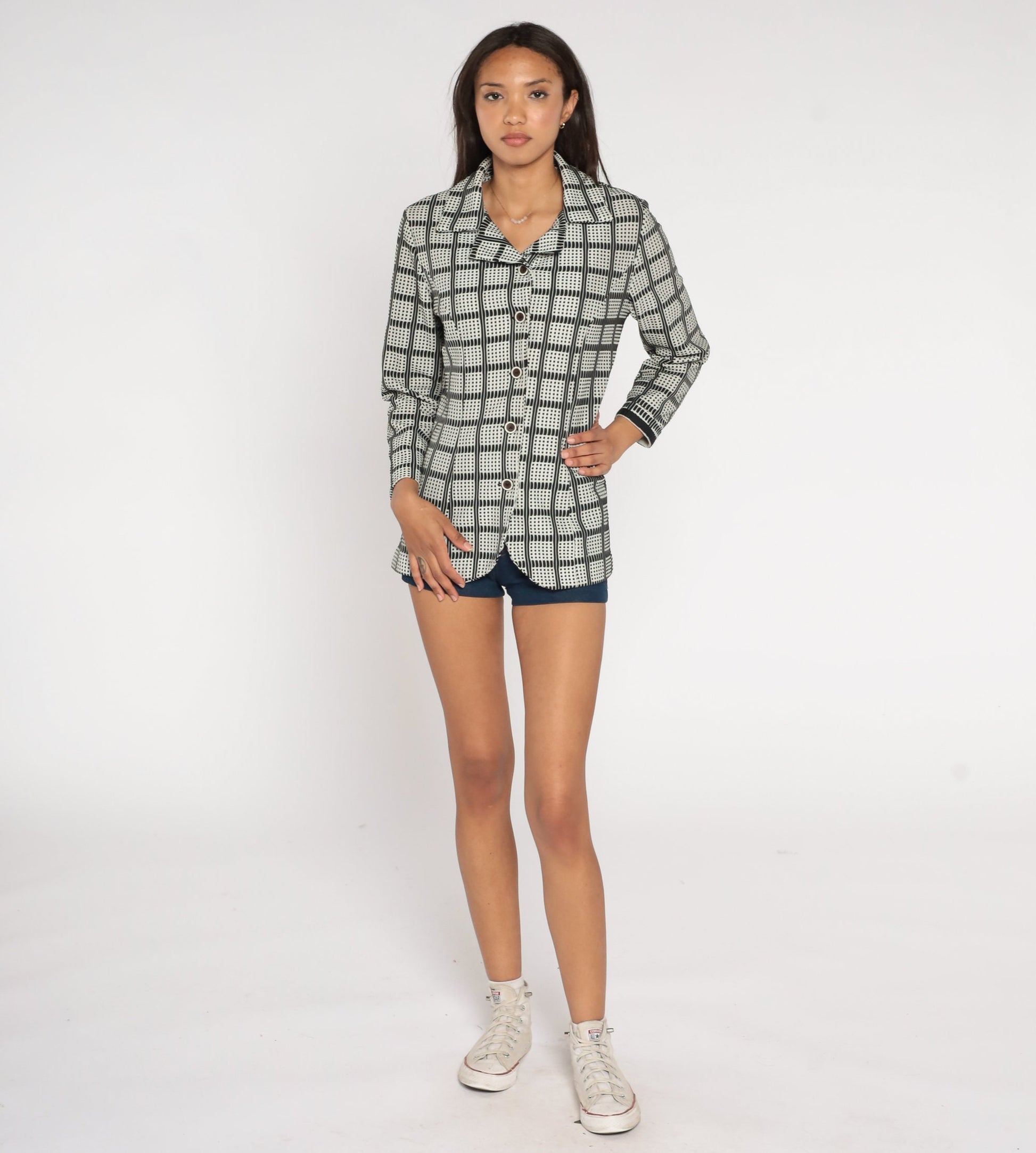 70s Checkered Button-Up Shirt Black White Collared Long Sleeve Medium