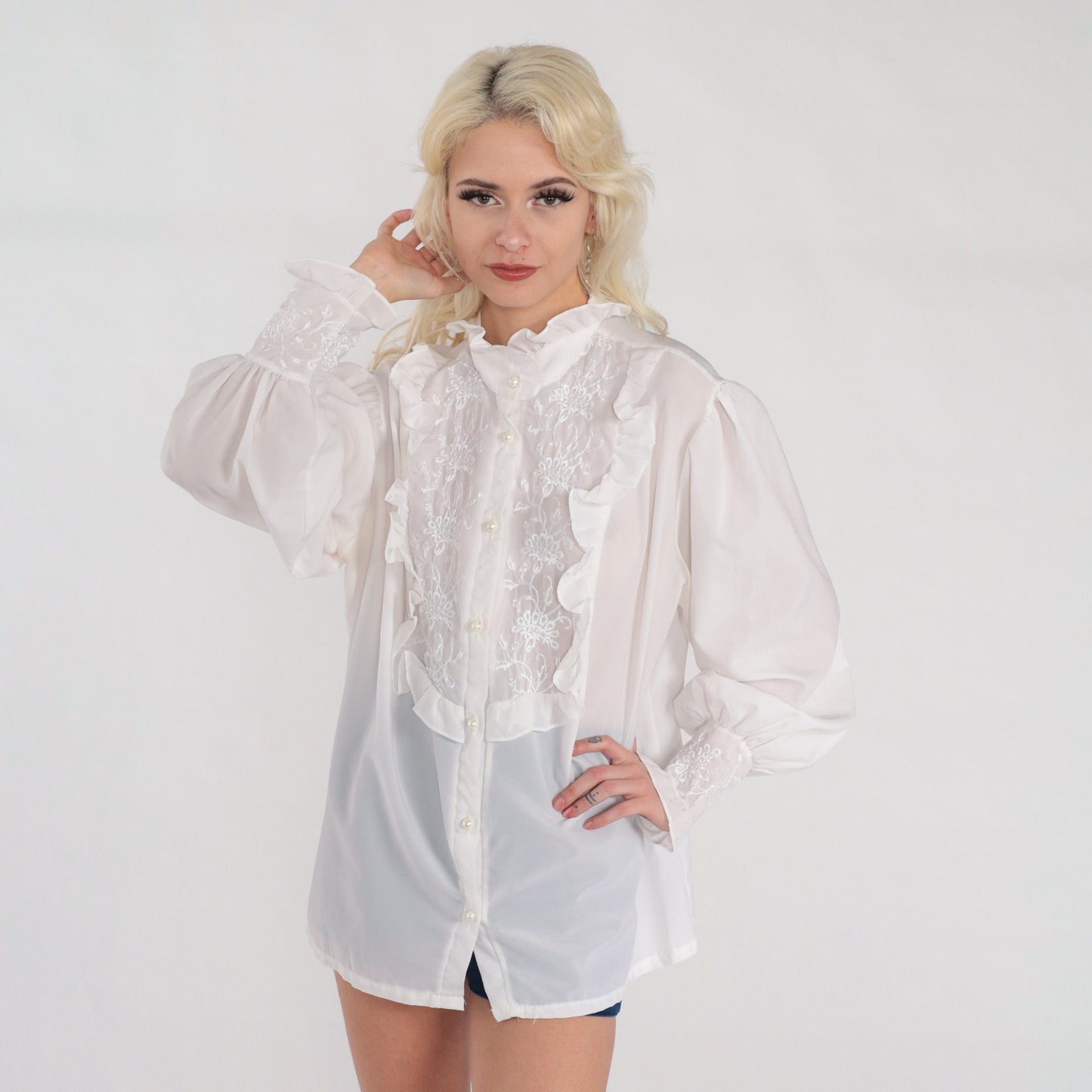 70s White Semi-Sheer Blouse Floral Embroidered Ruffled Bib High Neck Large L