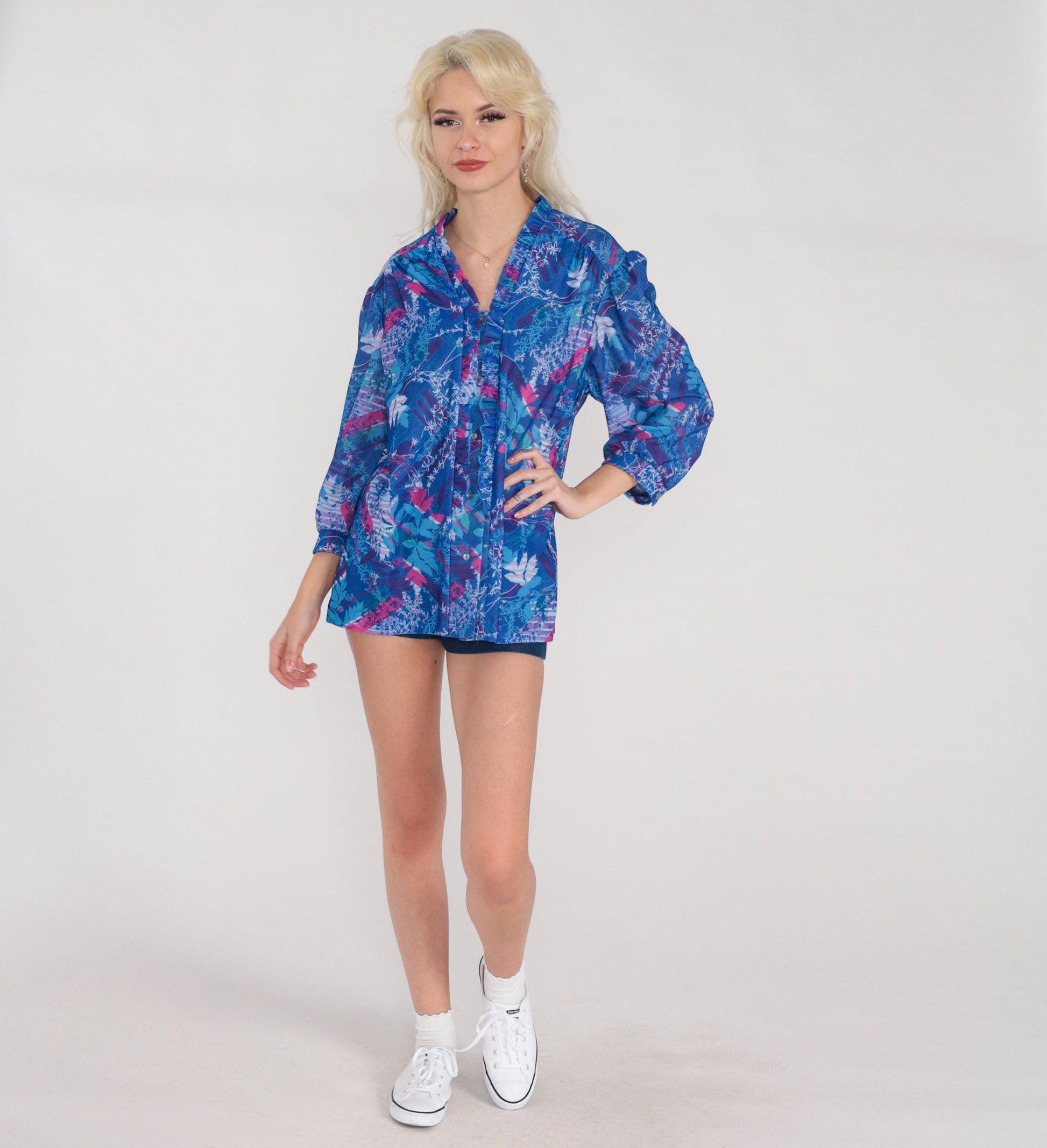 70s Floral Leaf Print Blouse Blue Purple Pink 3/4 Sleeve Ruffle Top Extra Large