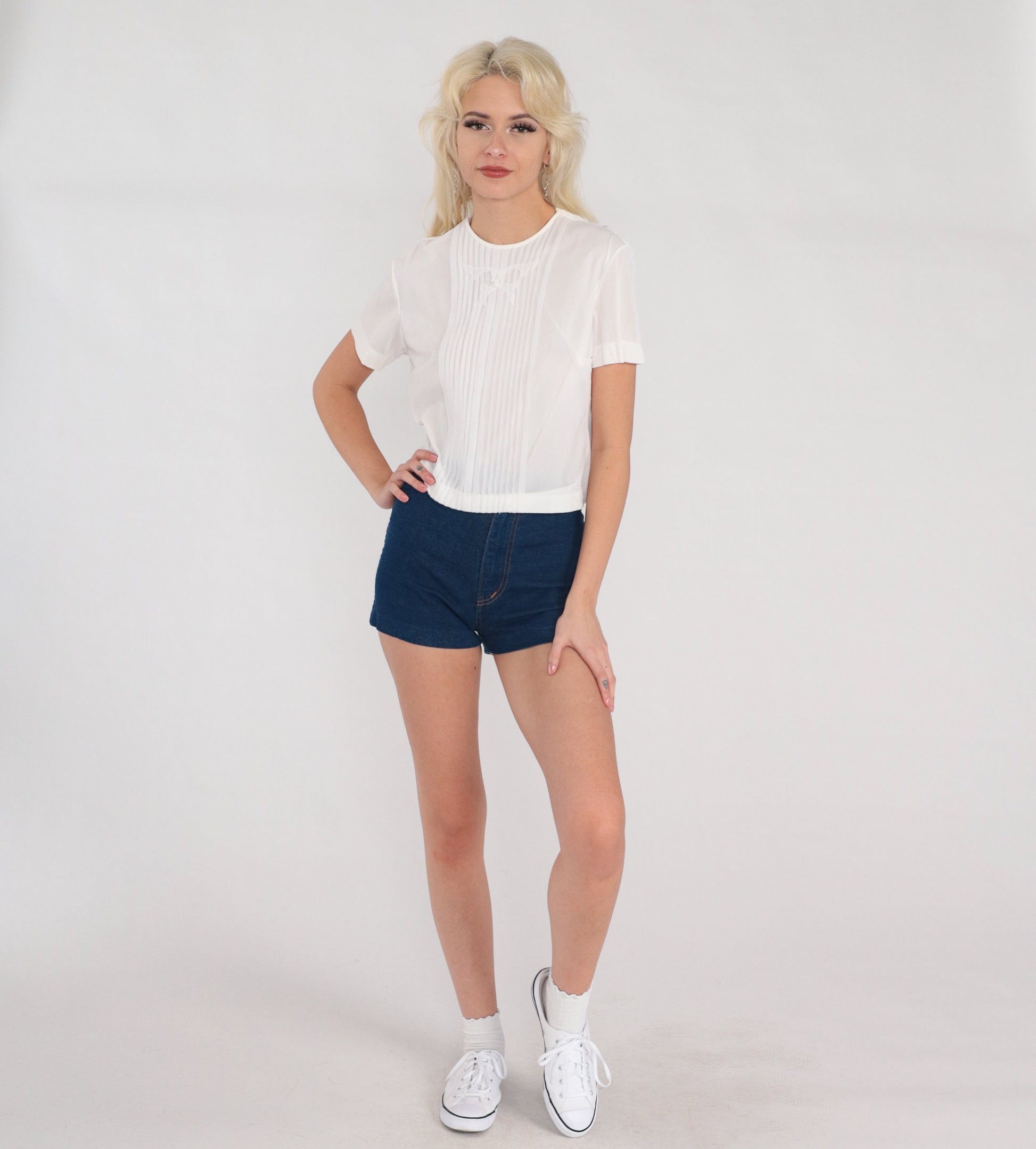 60s White Nylon Blouse Pleated Butterfly Rosette Short Sleeve Button Back Medium