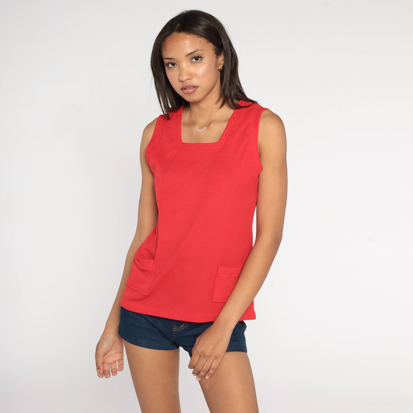 70s Red Ribbed Tank Top Pocket Sleeveless Knit Blouse Small Medium