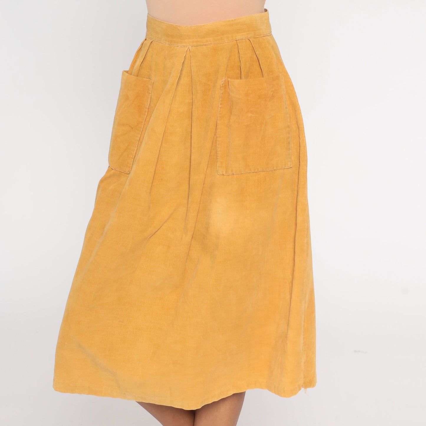 80s Mustard Yellow Corduroy Midi Skirt High Waist Pockets Extra Small