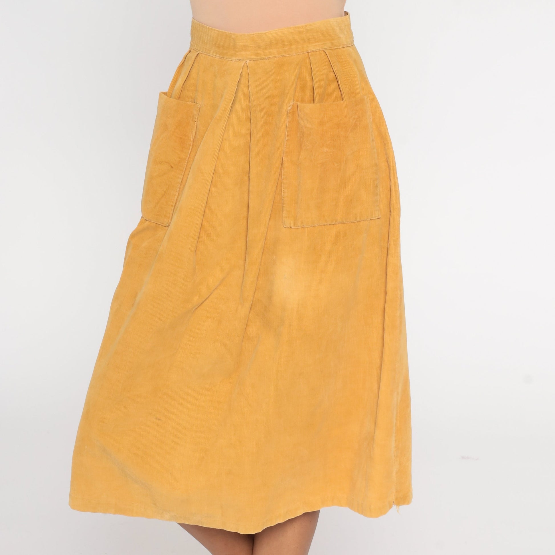 80s Mustard Yellow Corduroy Midi Skirt High Waist Pockets Extra Small