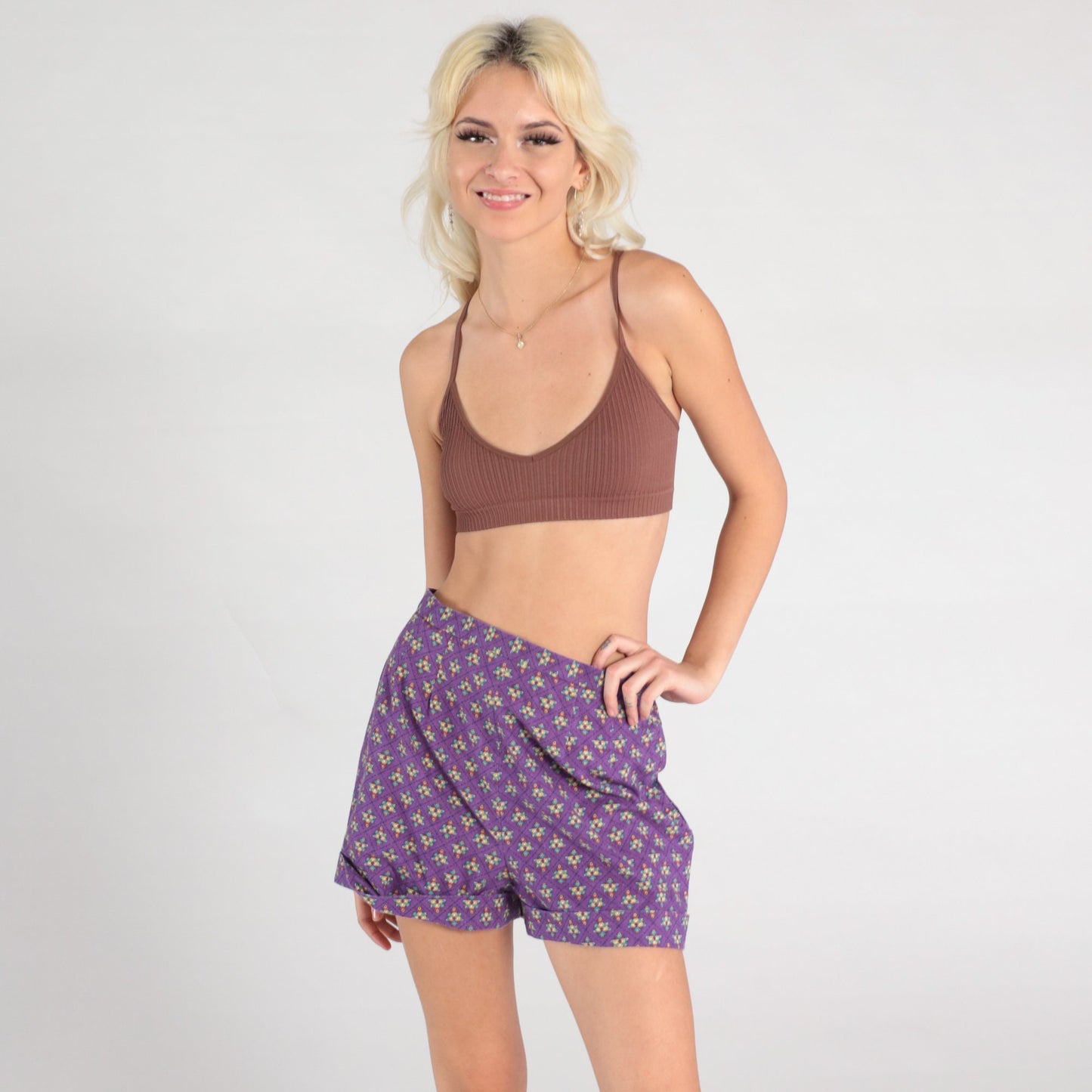 70s Purple Geometric High-Waisted Shorts Cuffed Trouser Bottoms Small