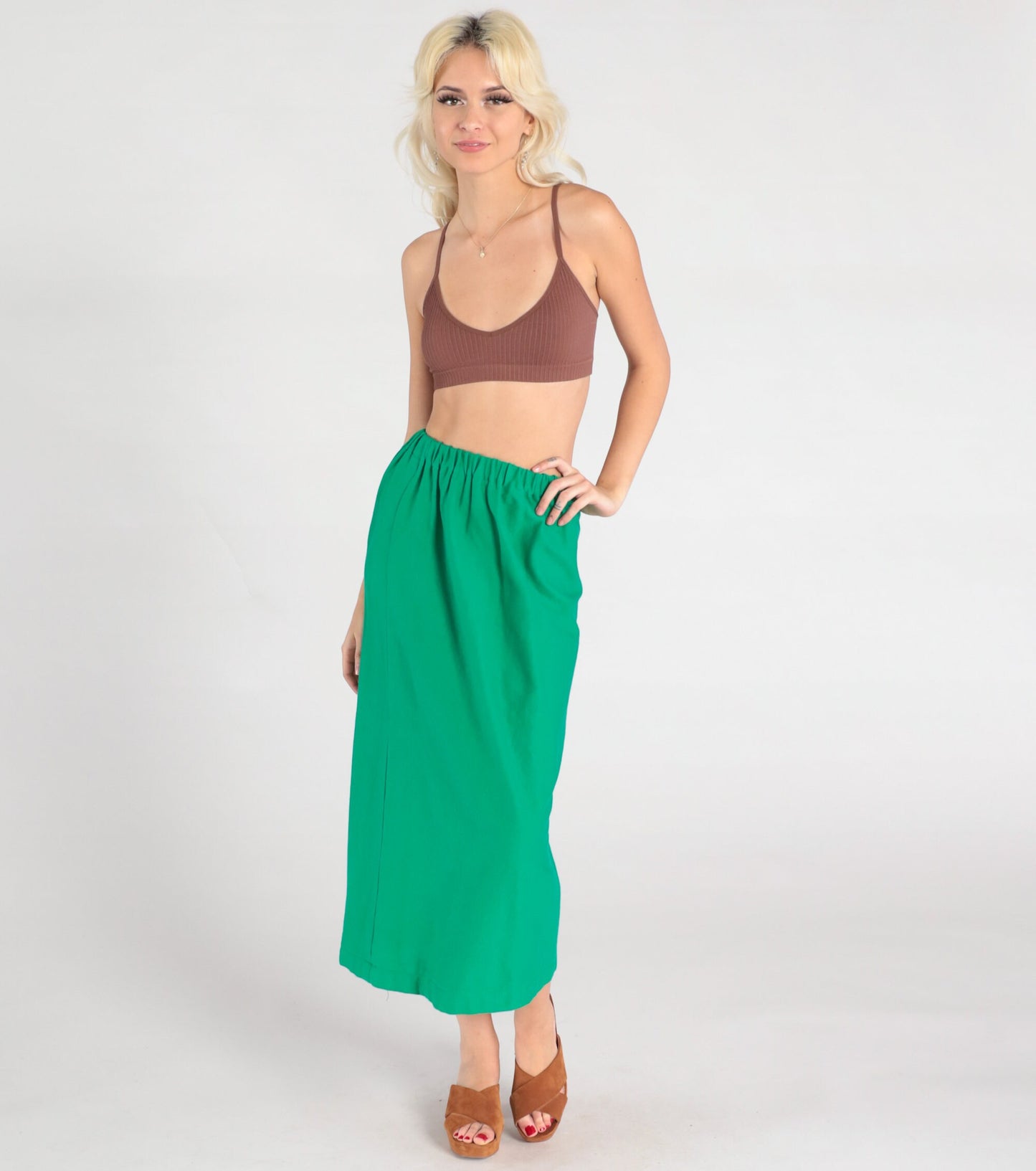 80s Green Midi Skirt High Waist Straight Column Extra Small XS
