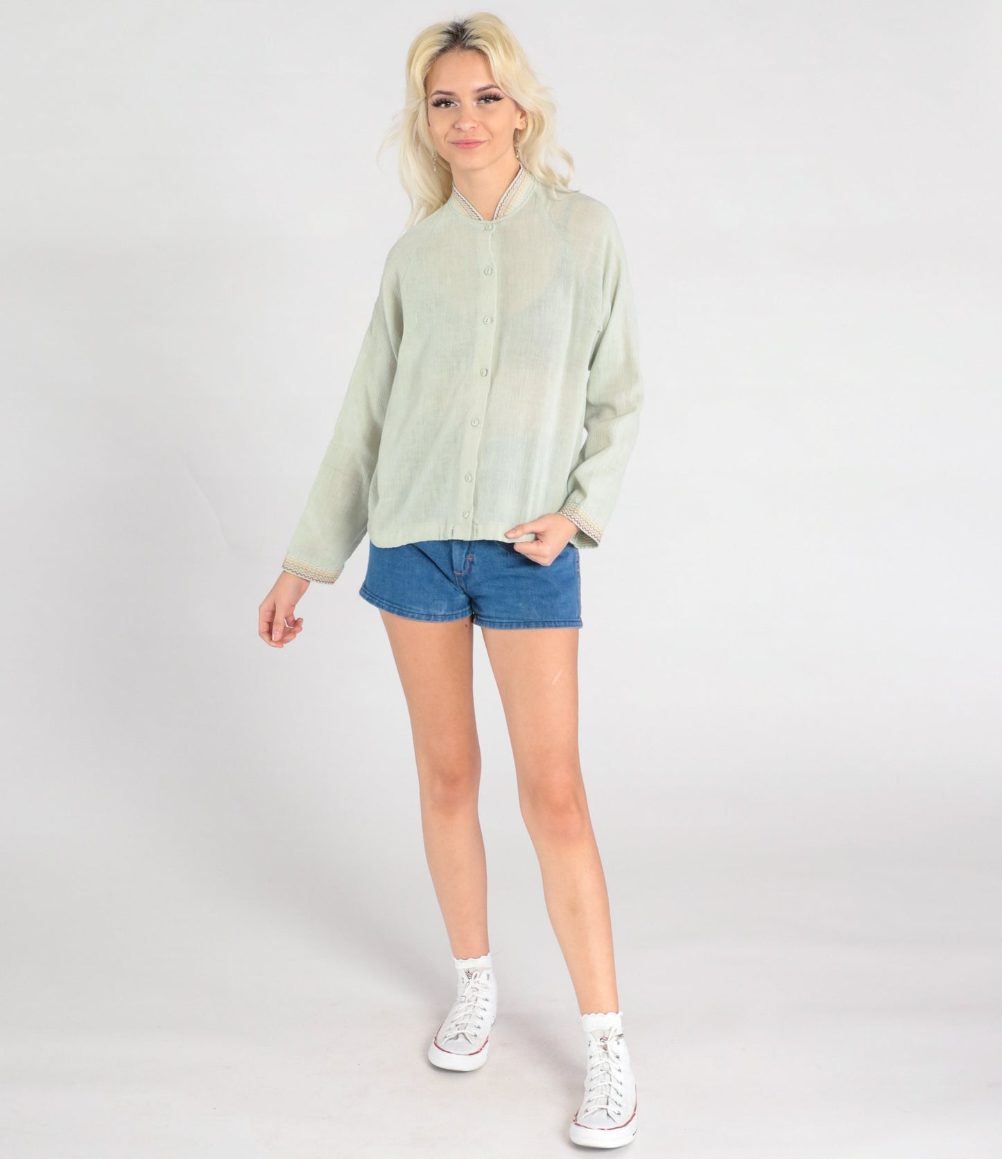 70s Sage Green Semi-Sheer Button-Up Blouse Embroidered Raglan Sleeve Small
