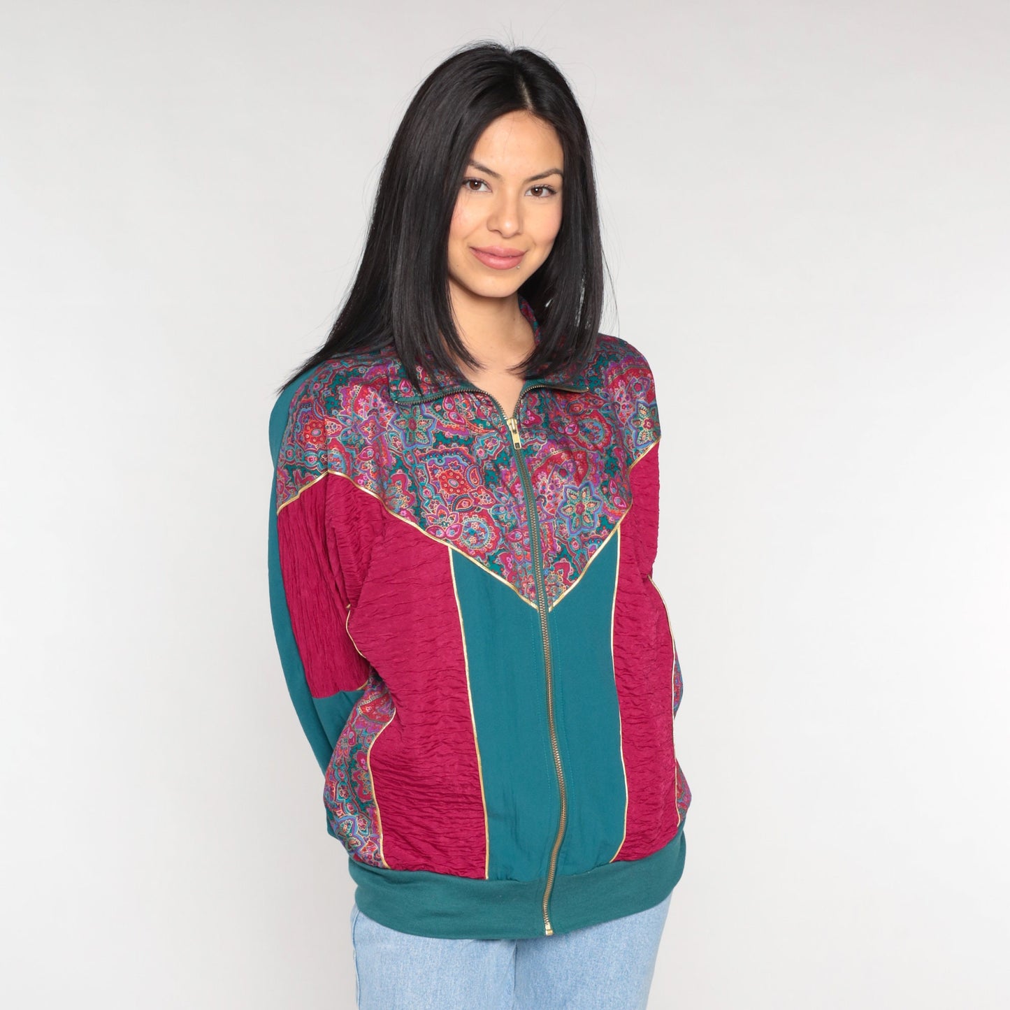90s Floral Color Block Windbreaker Jacket Magenta Green Medium