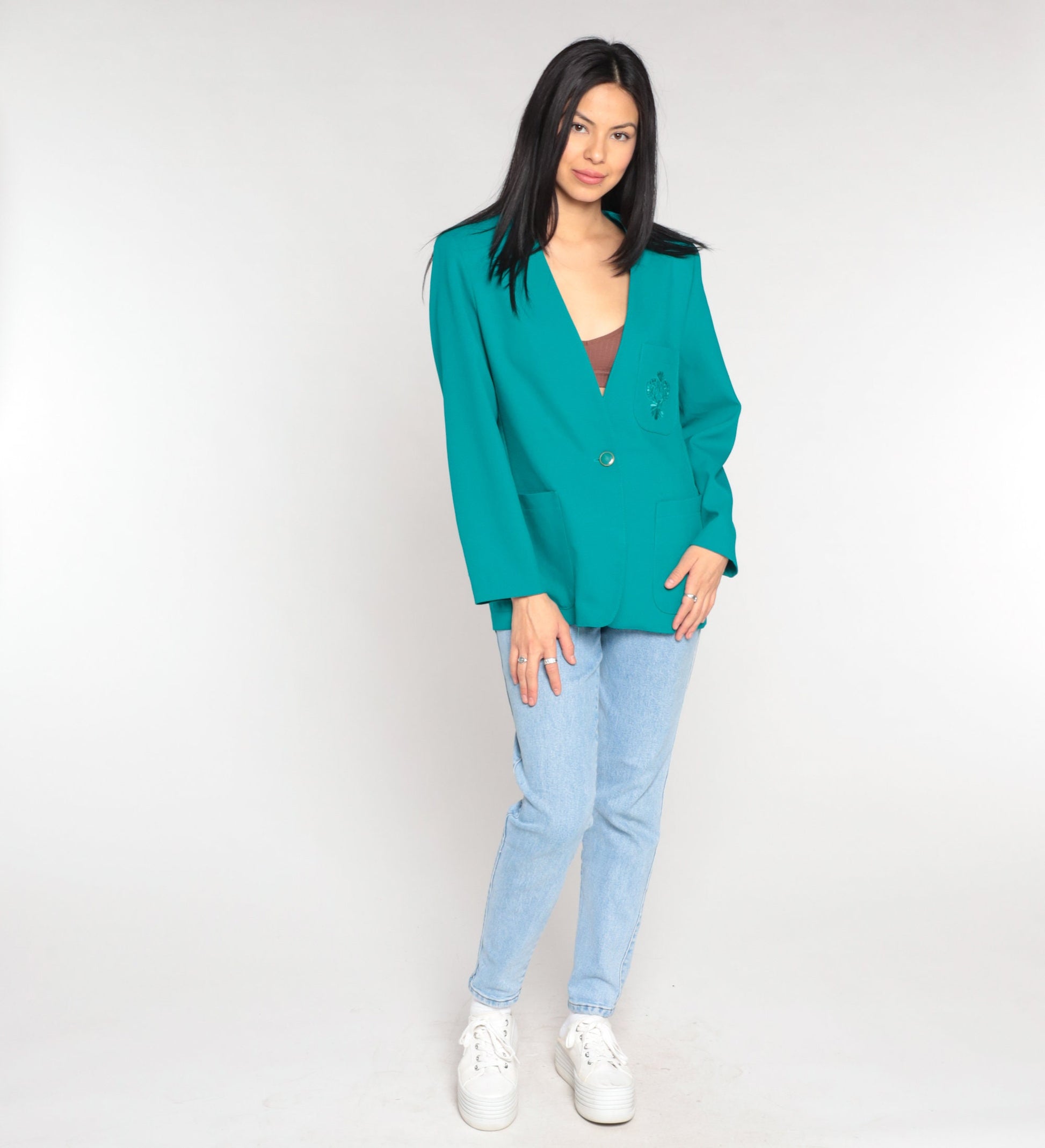 80s Teal Blazer Floral Embroidered Button-Up Jacket V-Neck Medium