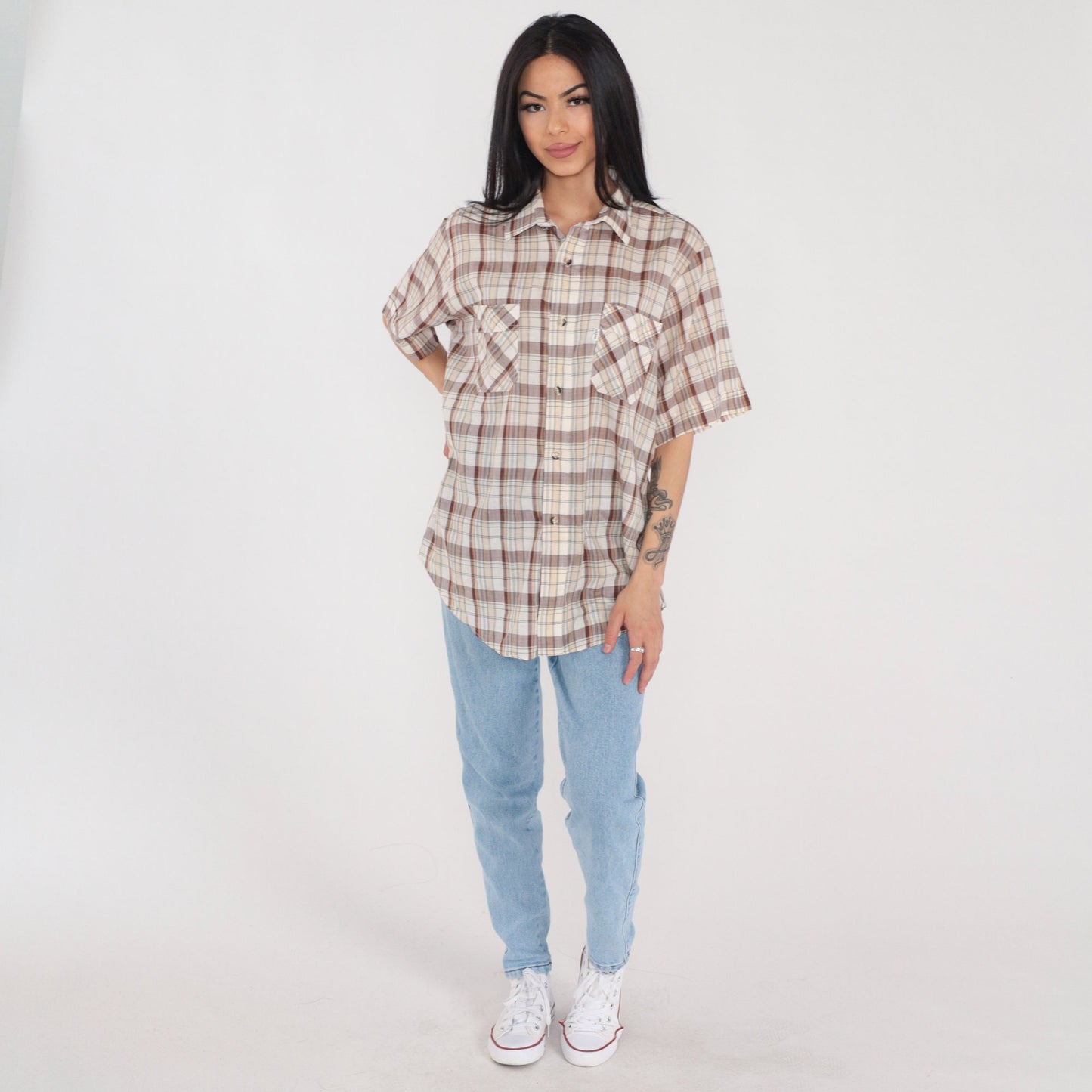 90s Levi's Plaid Button-Up Shirt Brown White Checkered Short Sleeve Men's Large