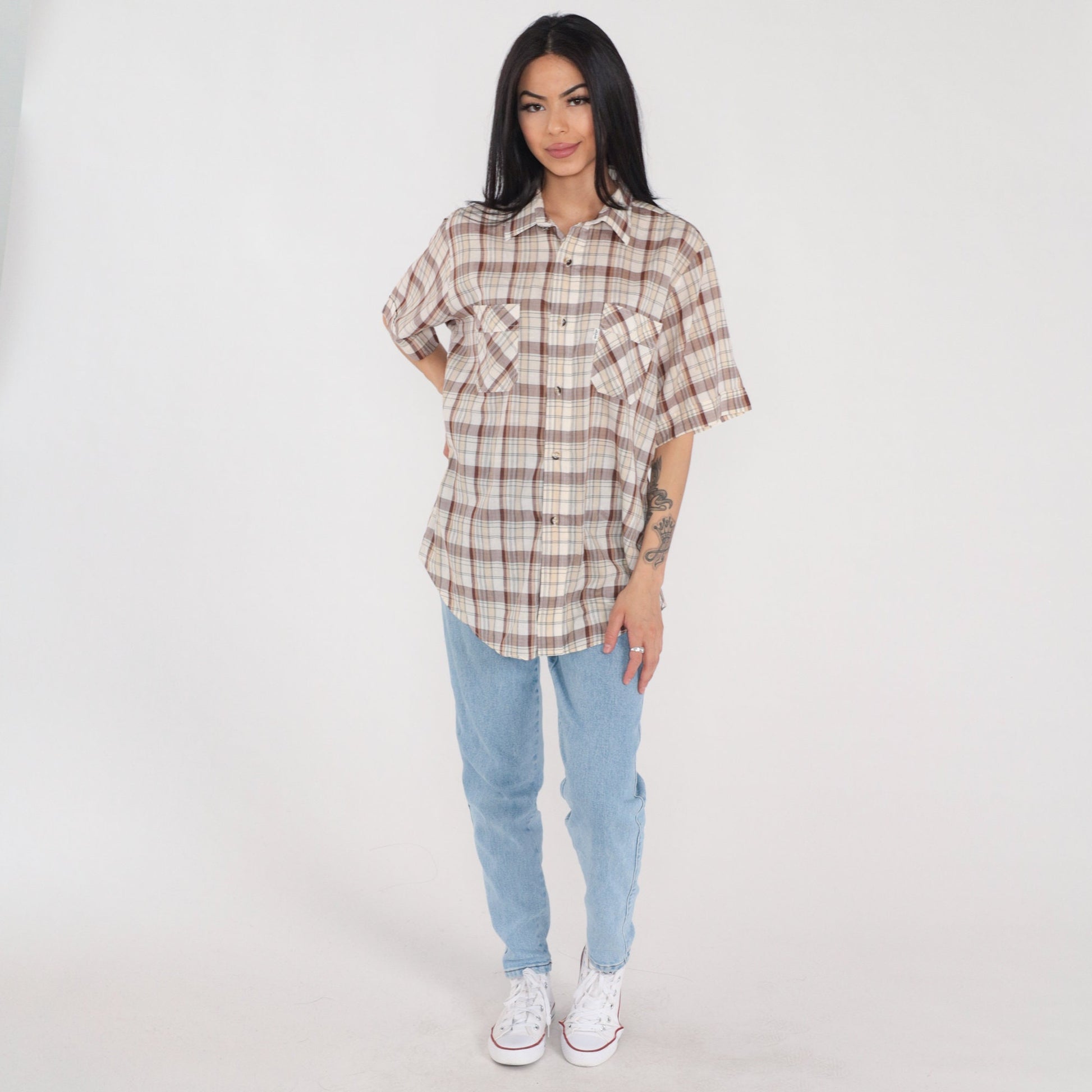 90s Levi's Plaid Button-Up Shirt Brown White Checkered Short Sleeve Men's Large