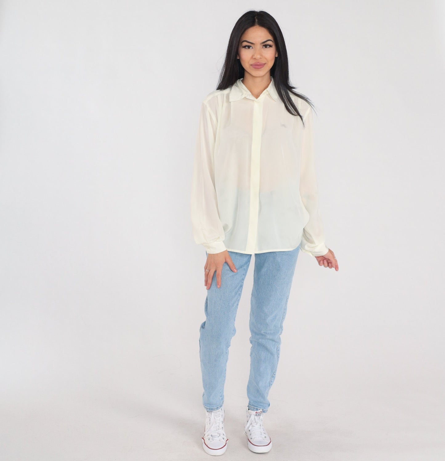 90s Evan Picone Cream Pleated Button-Up Blouse Collared Long Sleeve Large