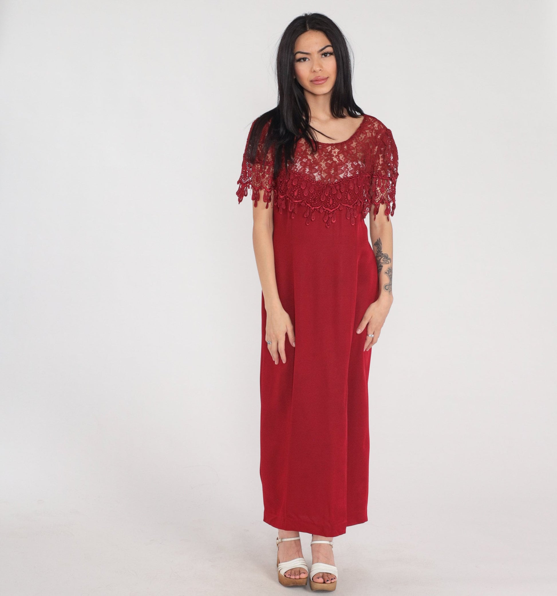 90s Red Lace Illusion Midi Dress Front Slit Short Sleeve Medium