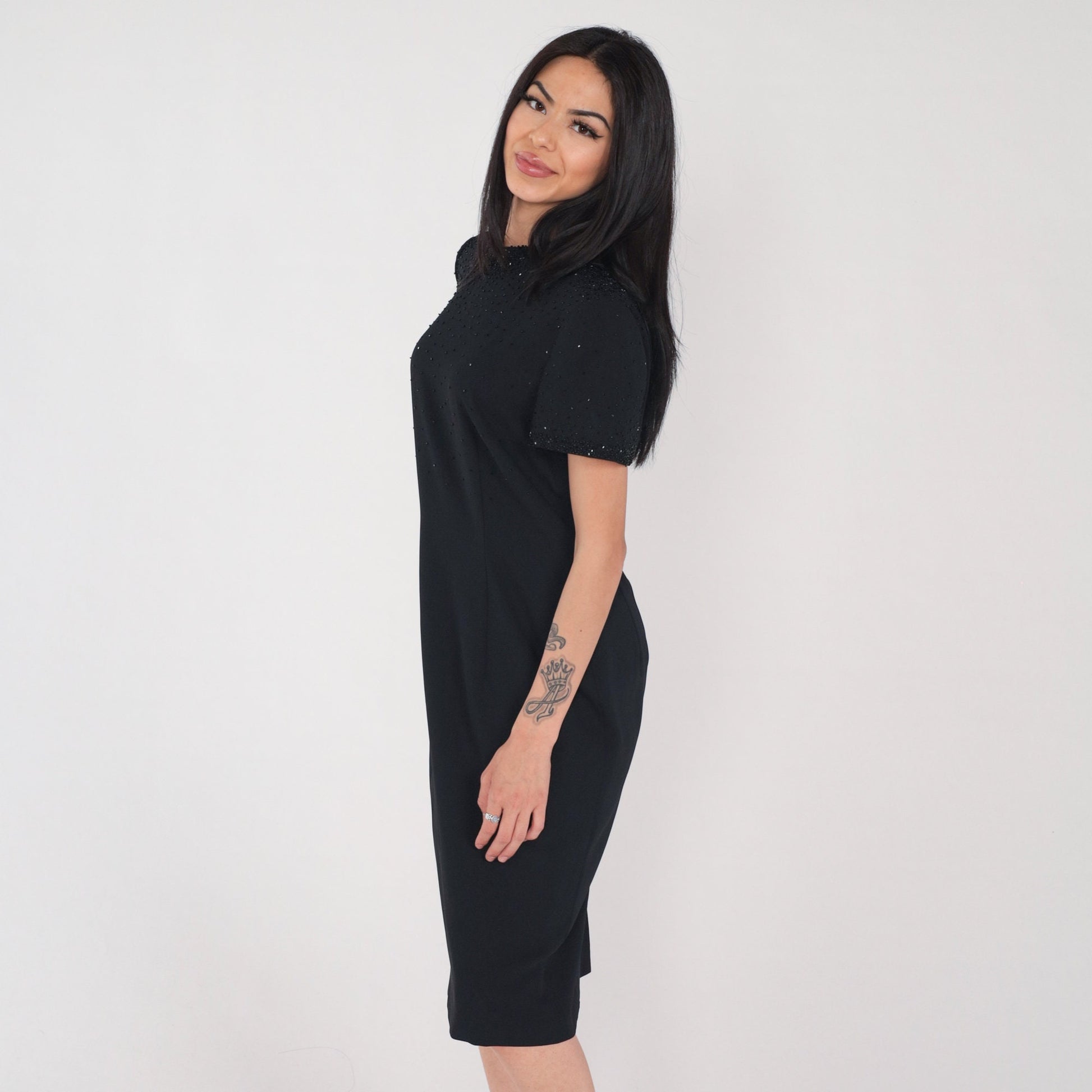 90s Black Beaded Sheath Dress High Neck Short Sleeve Knee Length Medium 8