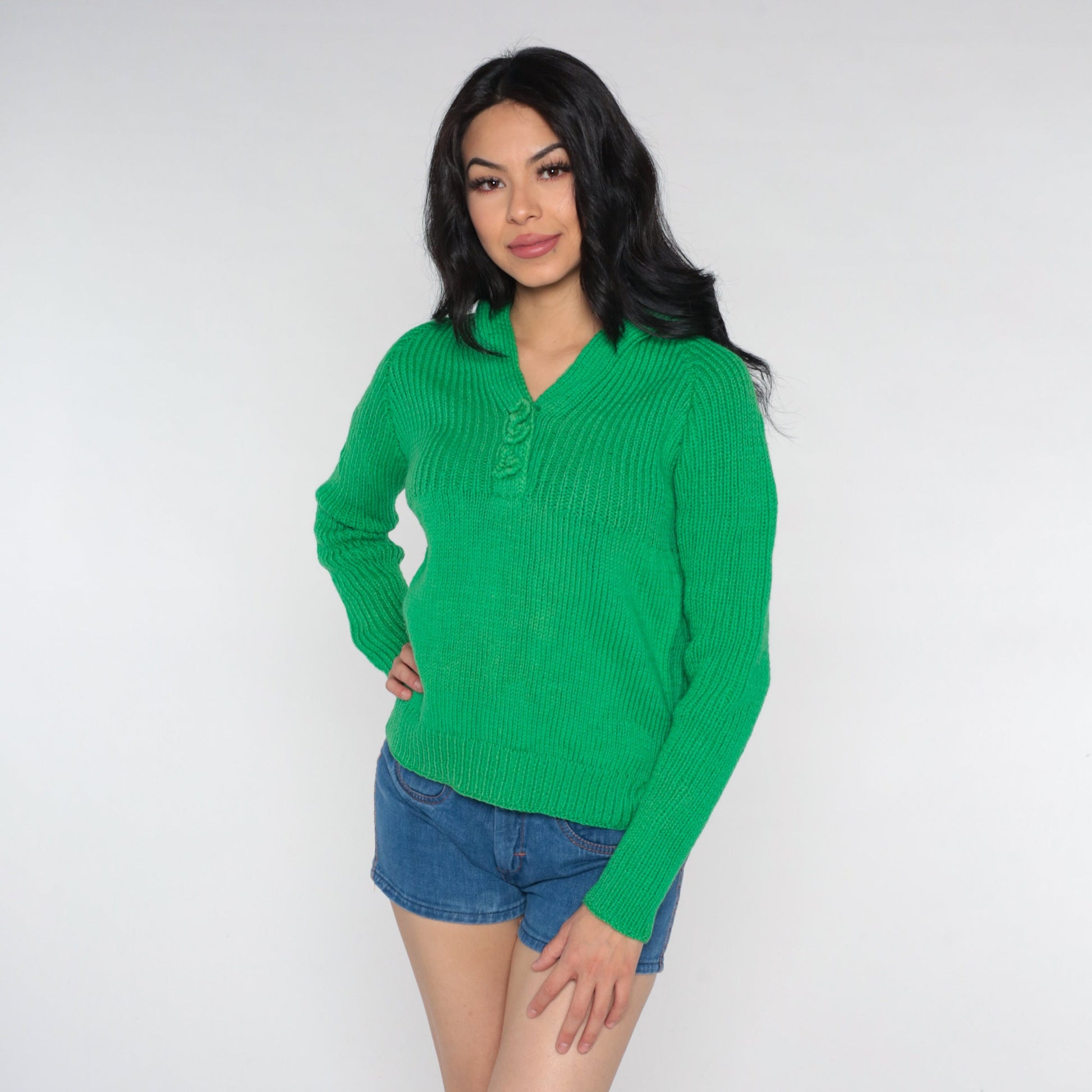 70s Green V-Neck Raglan Sweater Knit Jumper Appliqué Small Medium